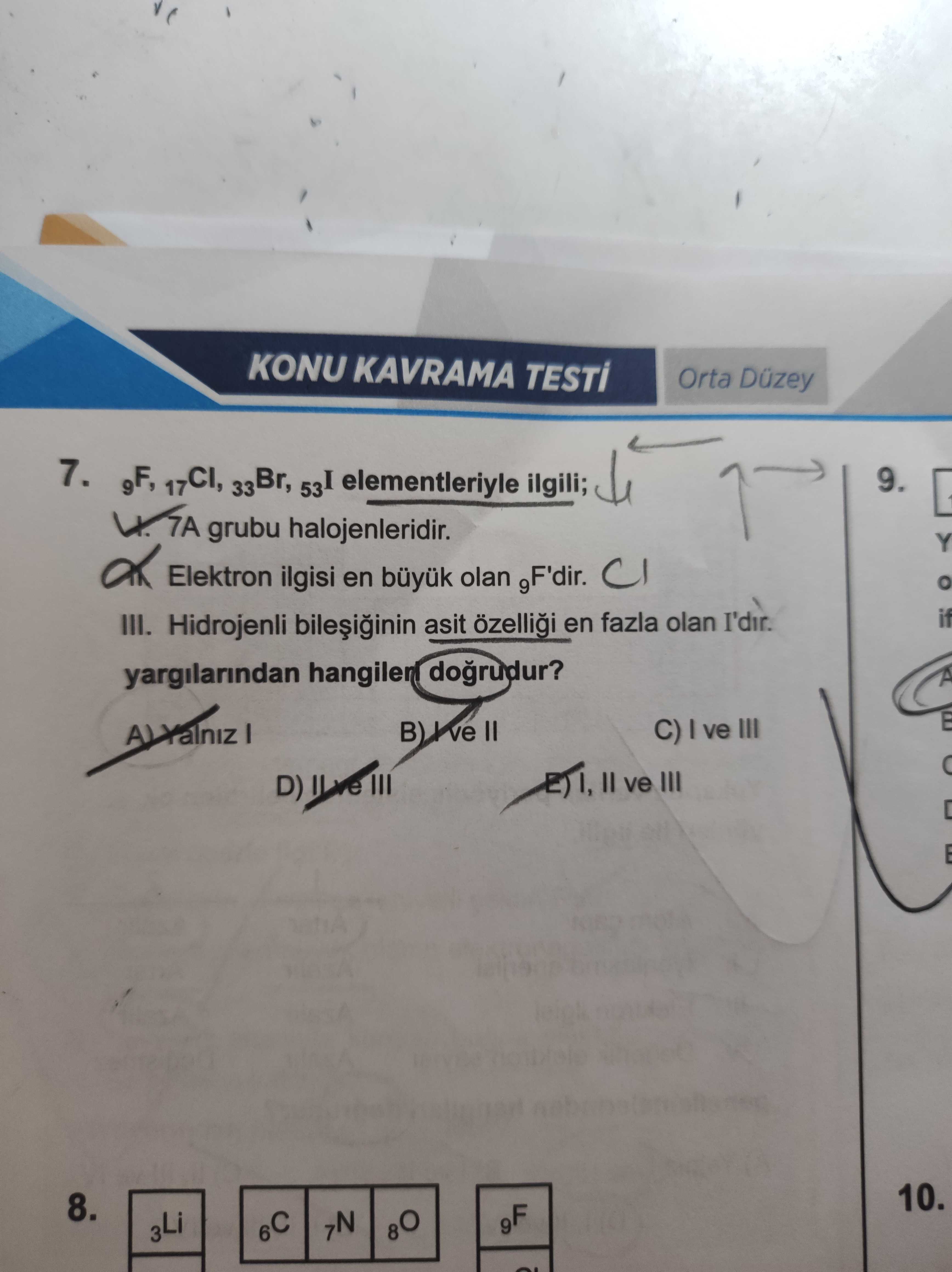 ₉F, ₁₇Cl, ₃₃Br, ₅₃I elementleriyle ilgili; I. 7A grubu halojenleridir. II. Elektron ilgisi en büyük
