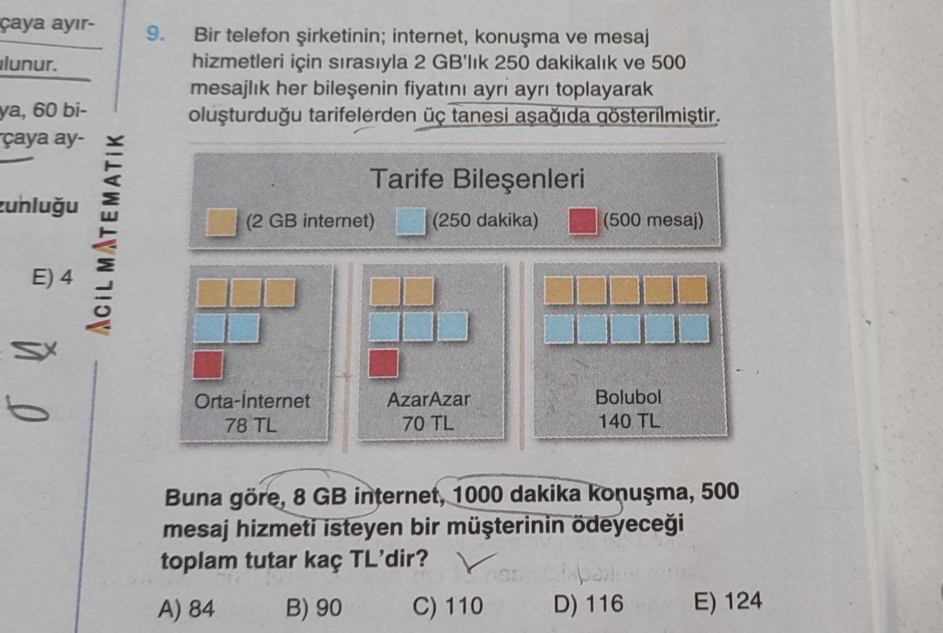 Bir telefon şirketinin; internet, konuşma ve mesaj hizmetleri için sırasıyla 2 GB'lık 250 dakikalık
