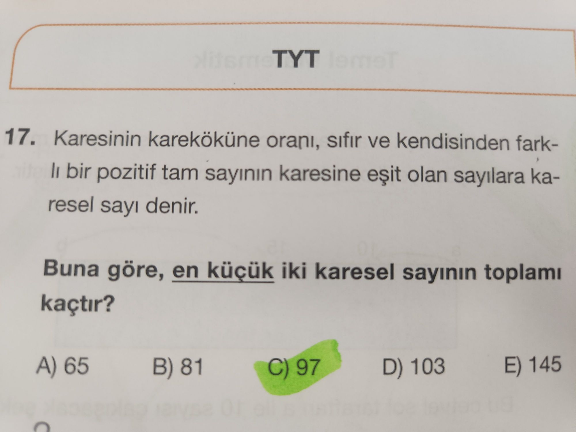 Karesinin kareköküne oranı, sıfır ve kendisinden farklı bir pozitif tam sayının karesine eşit olan