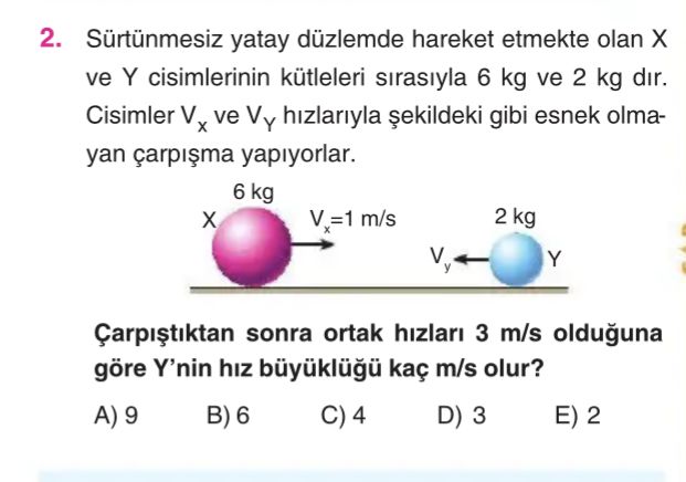 Sürtünmesiz yatay düzlemde hareket etmekte olan X ve Y cisimlerinin kütleleri sırasıyla 6 kg ve 2 kg