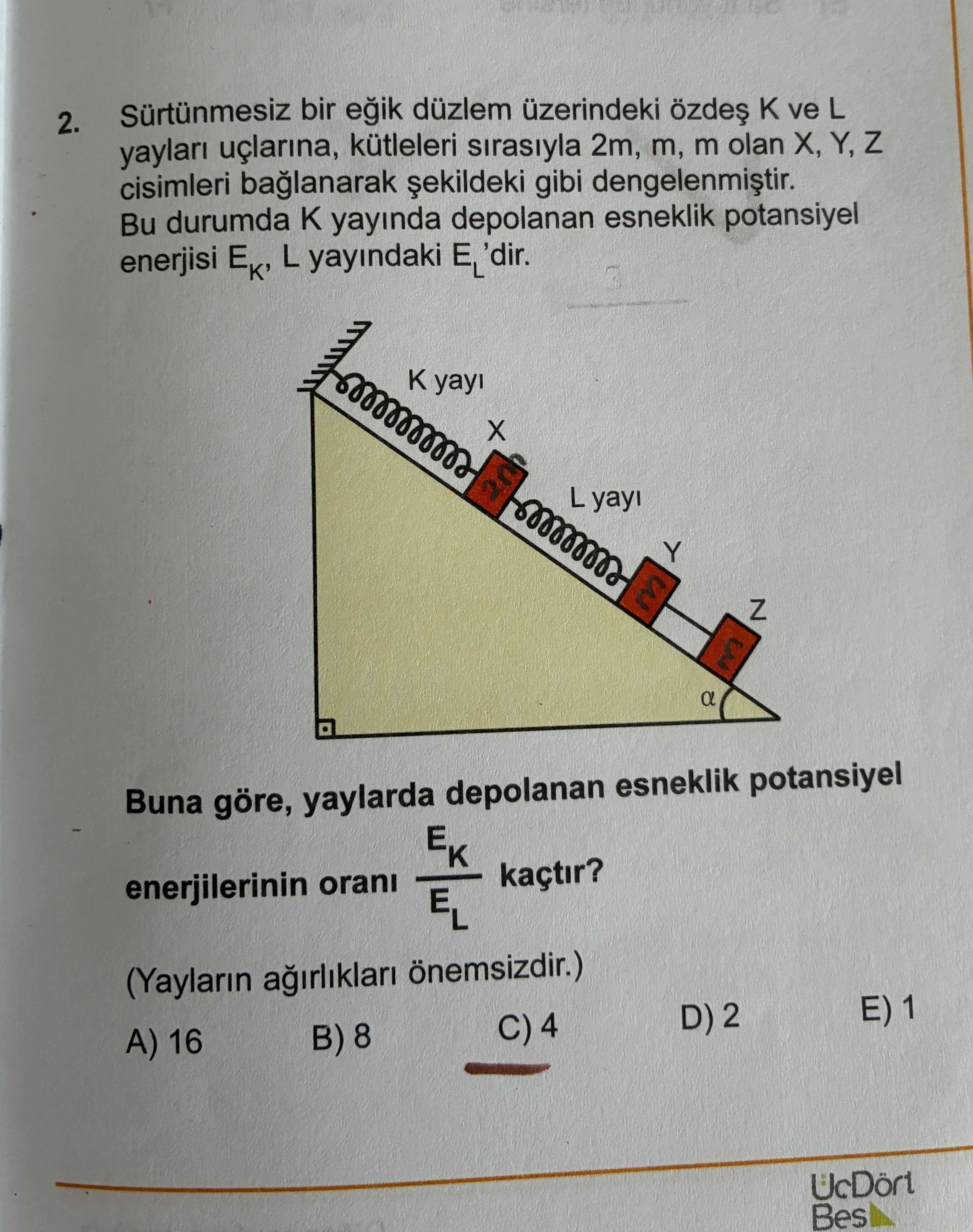 Sürtünmesiz bir eğik düzlem üzerindeki özdeş K ve L yayları uçlarına, kütleleri sırasıyla 2m, m, m