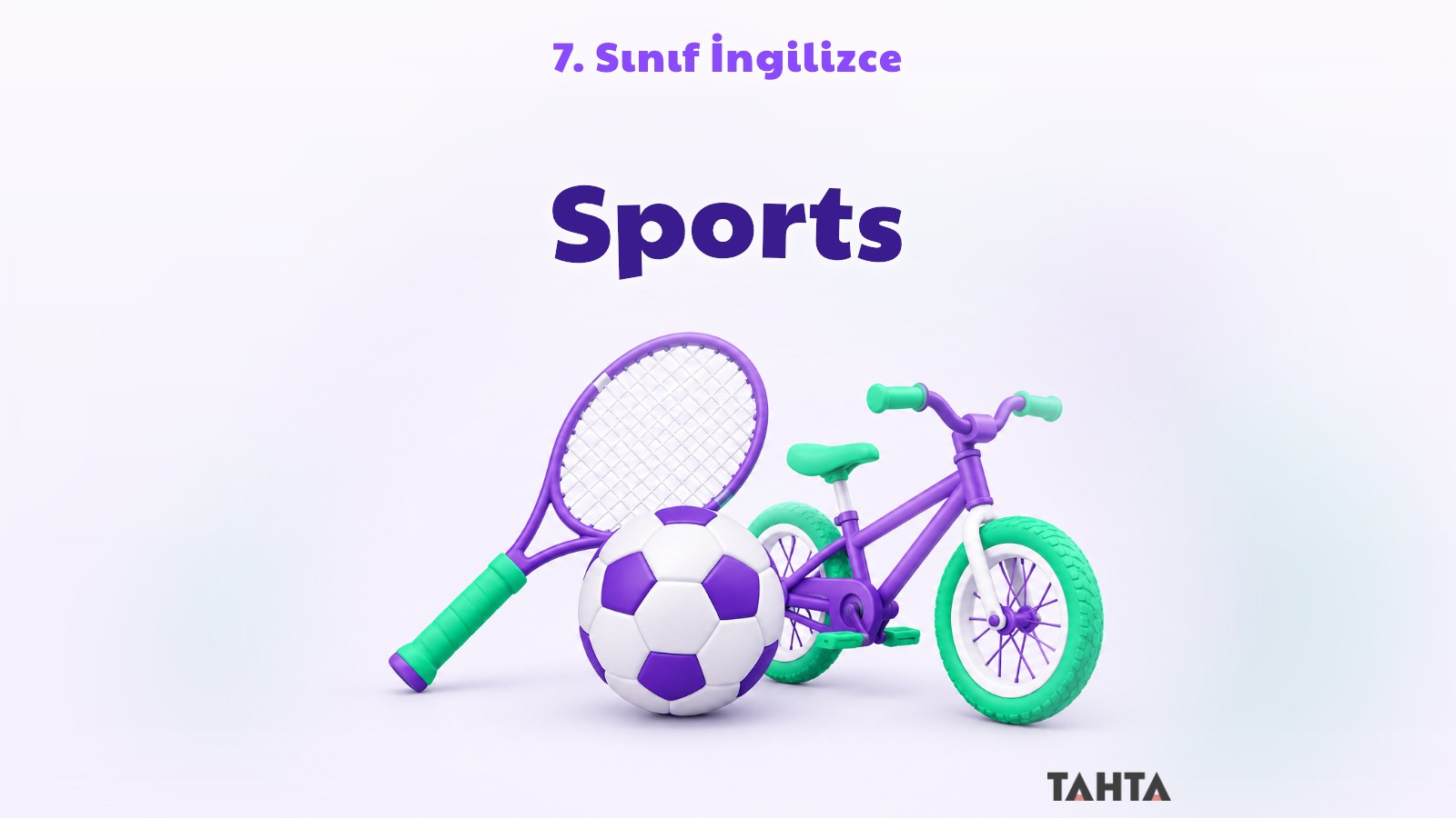 Spor topu, raket ve bisiklet içeren İngilizce sports konusu kapak görseli