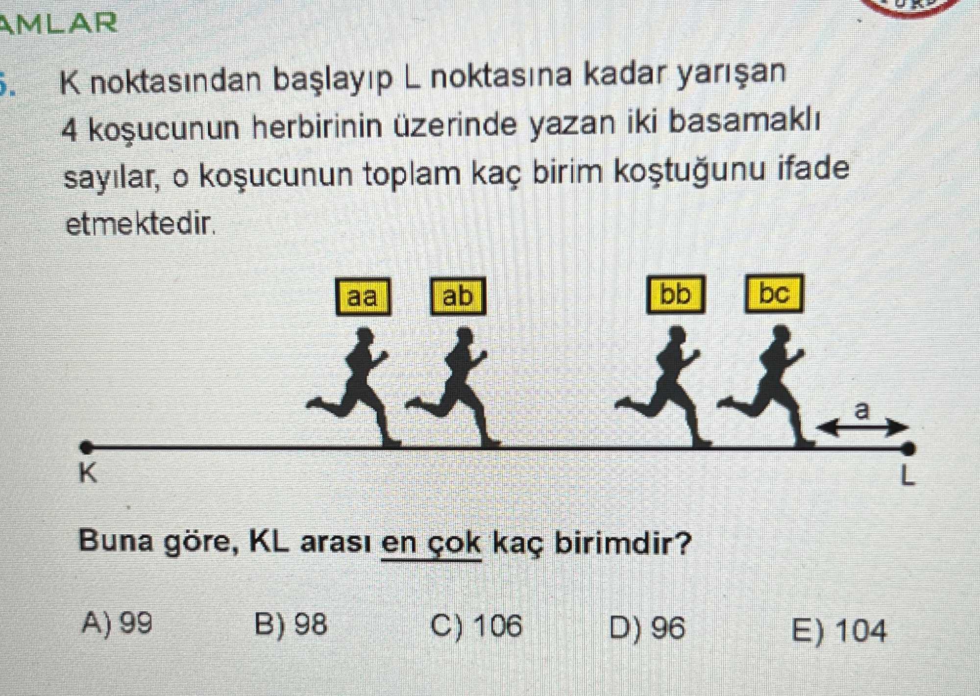 K noktasından başlayıp L noktasına kadar yarışan 4 koşucunun herbirinin üzerinde yazan iki basamaklı