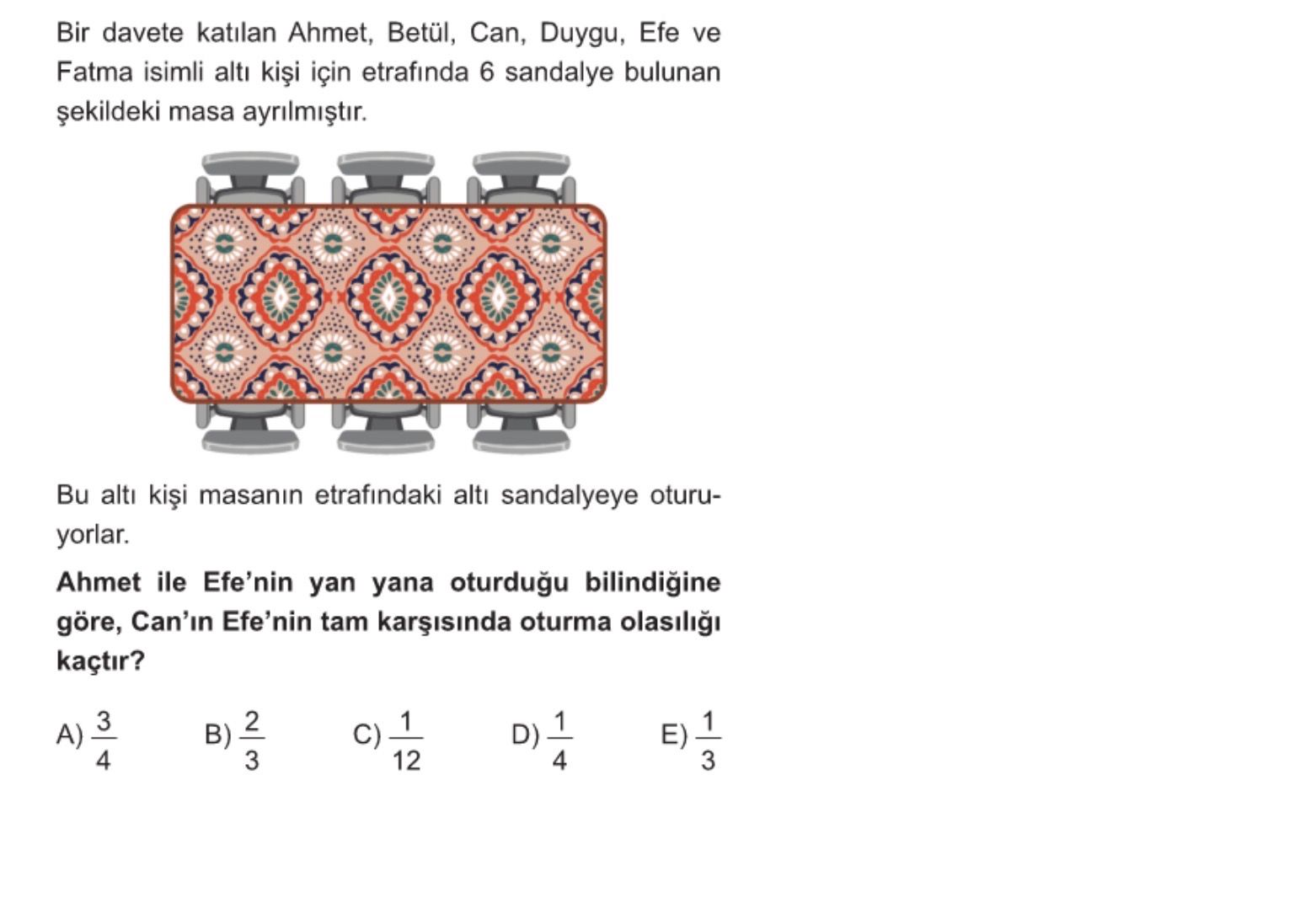 Bir davete katılan Ahmet, Betül, Can, Duygu, Efe ve Fatma isimli altı kişi için etrafında 6 sandalye
