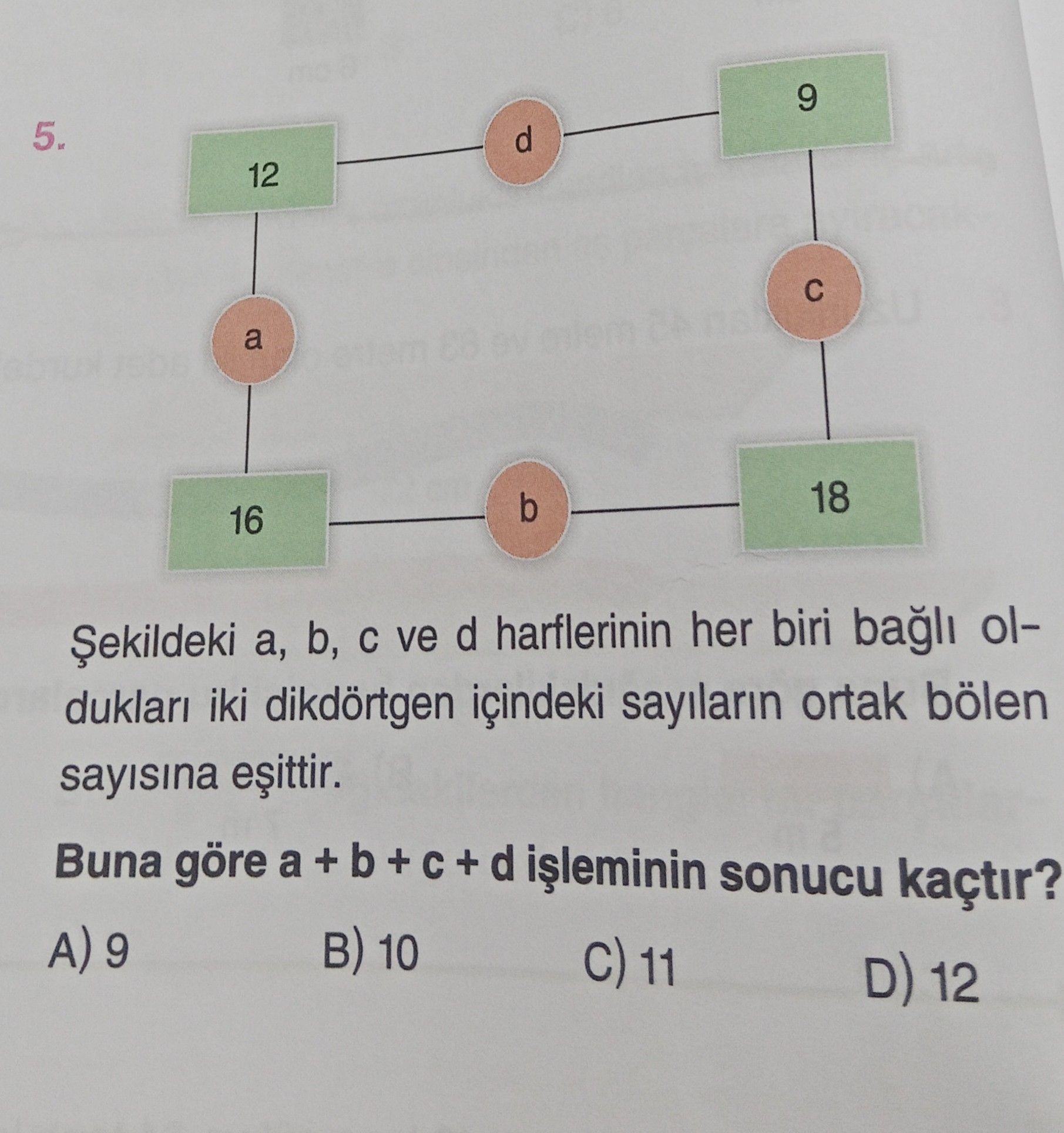 Şekildeki a, b, c ve d harflerinin her biri bağlı oldukları iki dikdörtgen içindeki sayıların ortak