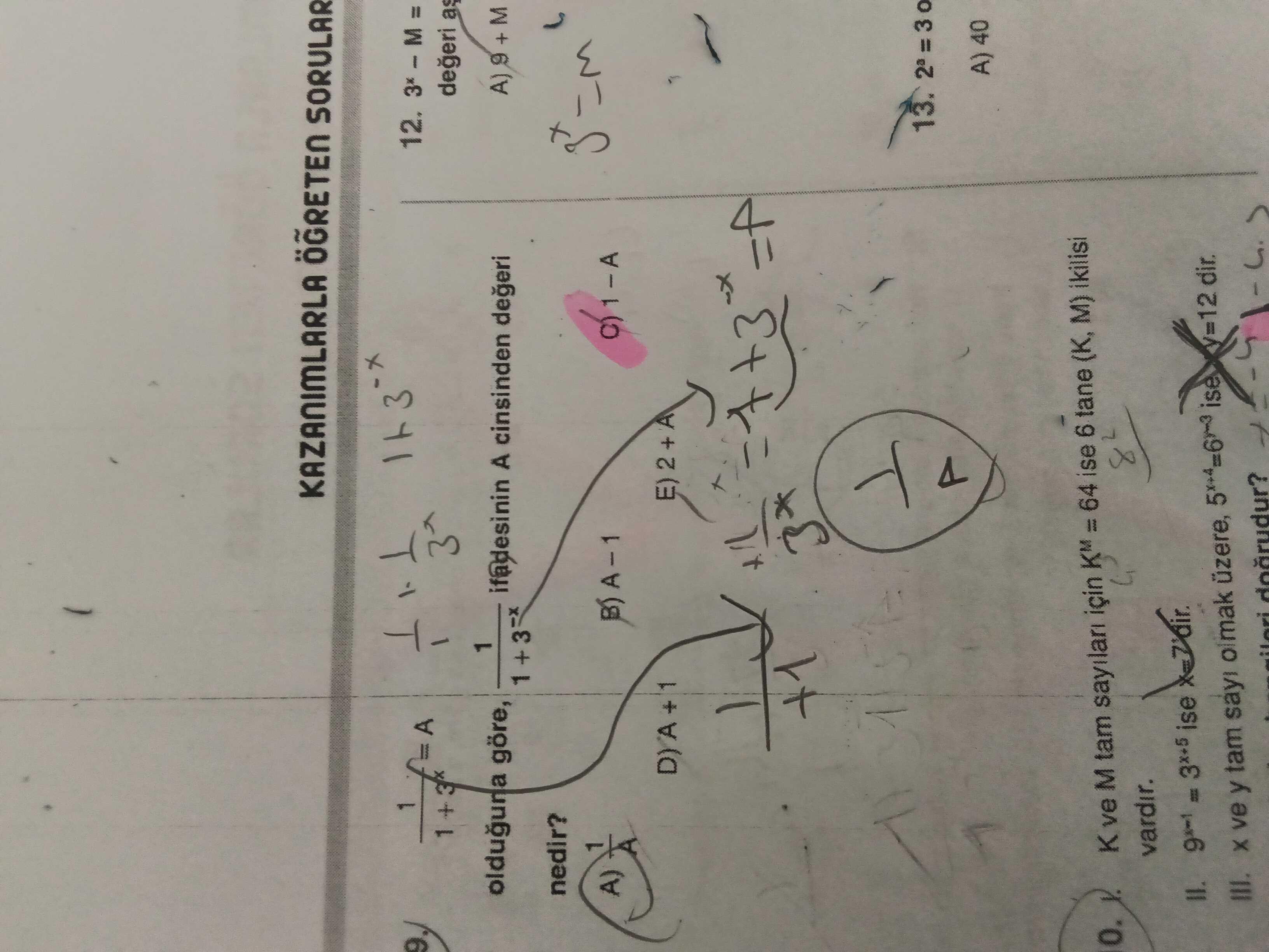 1/(1+3ˣ) = A olduğuna göre, 1/(1+3⁻ˣ) ifadesinin A cinsinden değeri nedir?