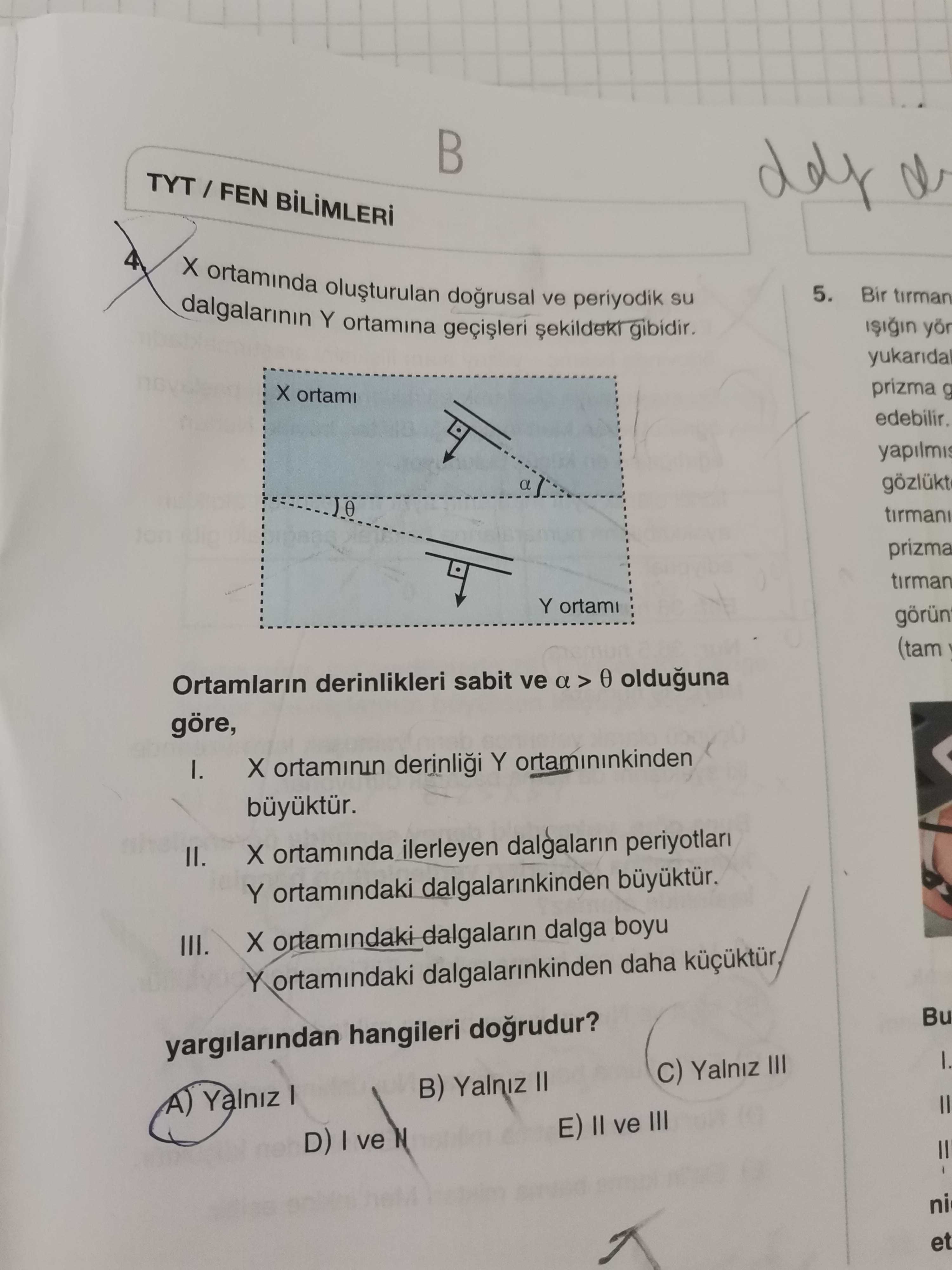 X ortamında oluşturulan doğrusal ve periyodik su dalgalarının Y ortamına geçişleri şekildeki