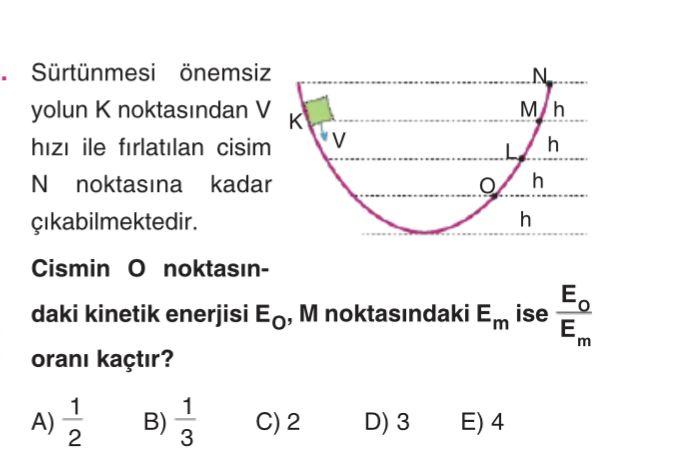 Sürtünmesi önemsiz yolun K noktasından V hızı ile fırlatılan cisim N noktasına kadar