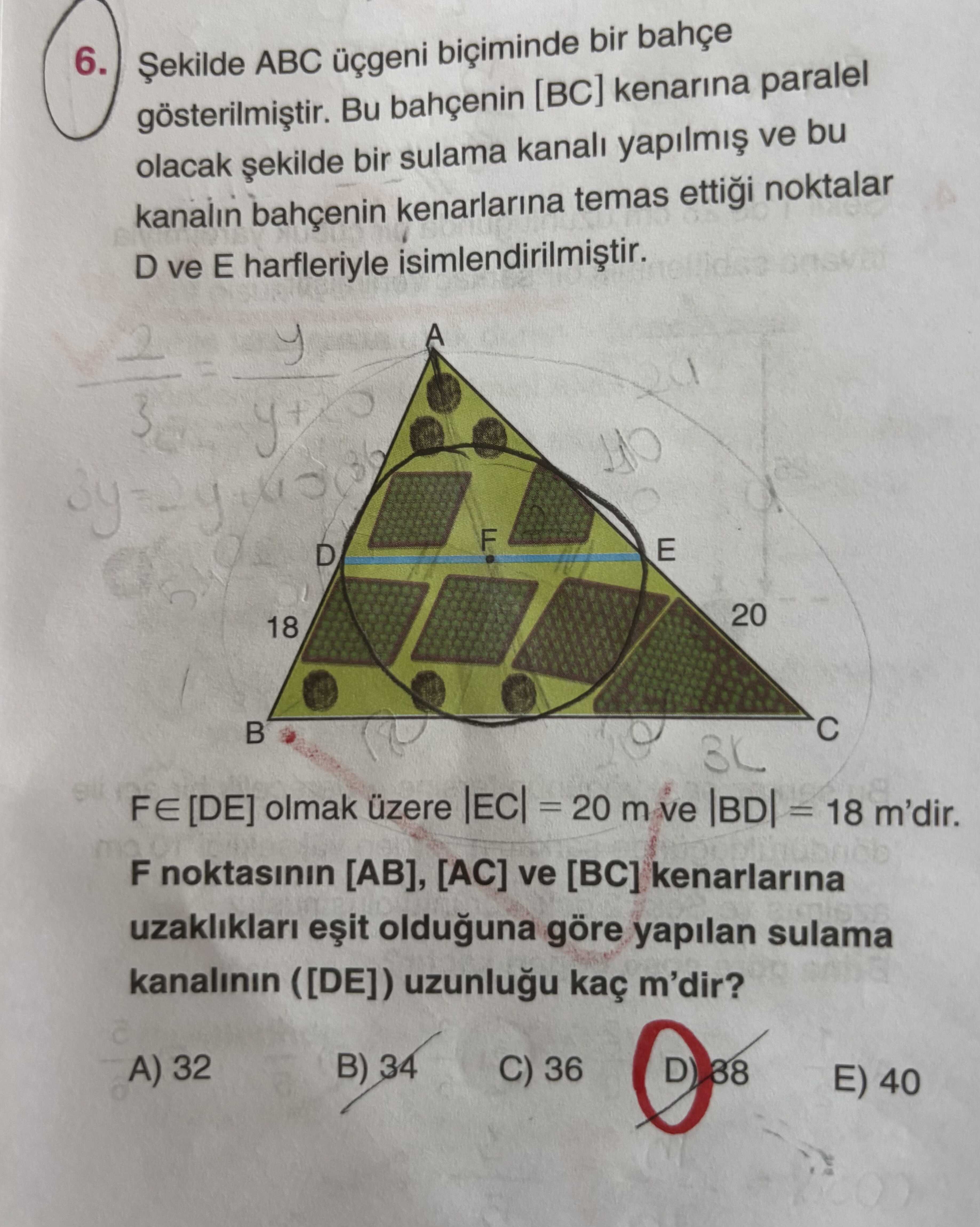 Şekilde ABC üçgeni biçiminde bir bahçe gösterilmiştir. Bu bahçenin [BC] kenarına paralel olacak