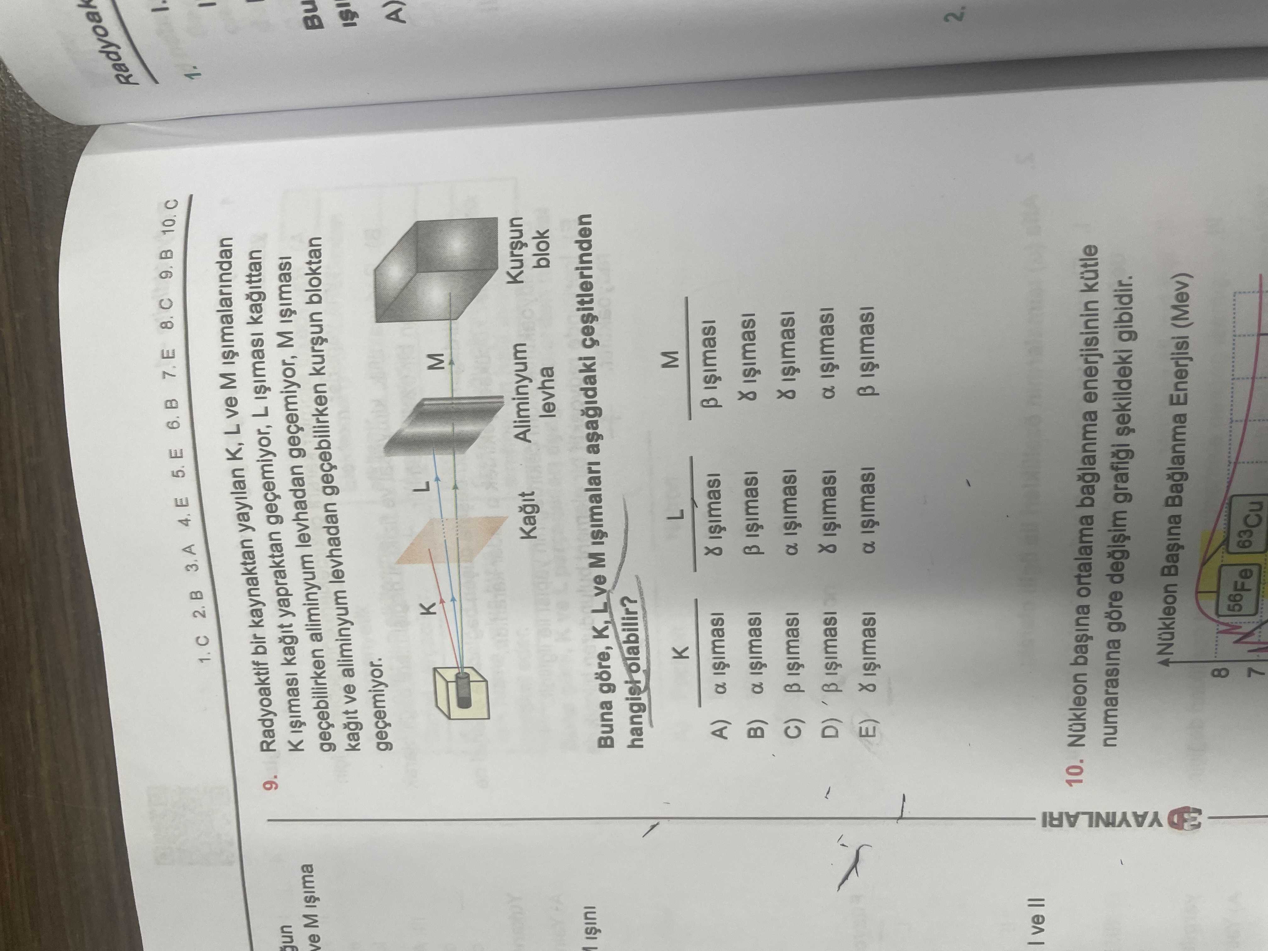 4. E 1. - 9. Radyoaktif bir kaynaktan yayilan K, L ve M gun yapraktan geçemiyor, L ve M Bu geçebilirken aliminyum levhadan M kagit ve aliminyum levhadan bloktan A) L M Kursun Aliminyum blok levha Buna göre, L ve M cesitlerinden olabilir. M L A) a B) a D) a E) a 2. ve = 10. Nükleon ortalama enerjisinin kütle numarasina göre gibidir. Nükleon Baglanma Enerjisi (Mev) 8 56Fe 7 4. Nükleon Baglanma Enerjisi (Mev) 8 56Fe 7. ?? Model.Question.title