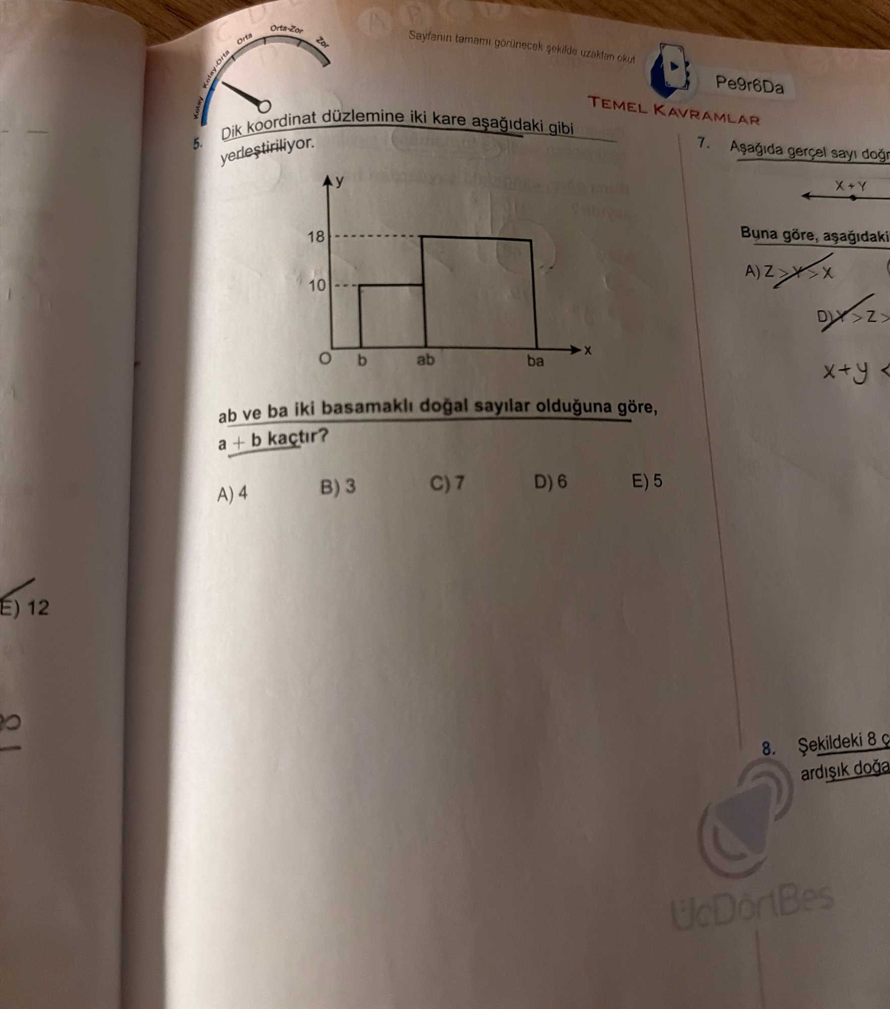 Dik koordinat düzlemine iki kare aşağıdaki gibi yerleştiriliyor. ab ve ba iki basamaklı doğal