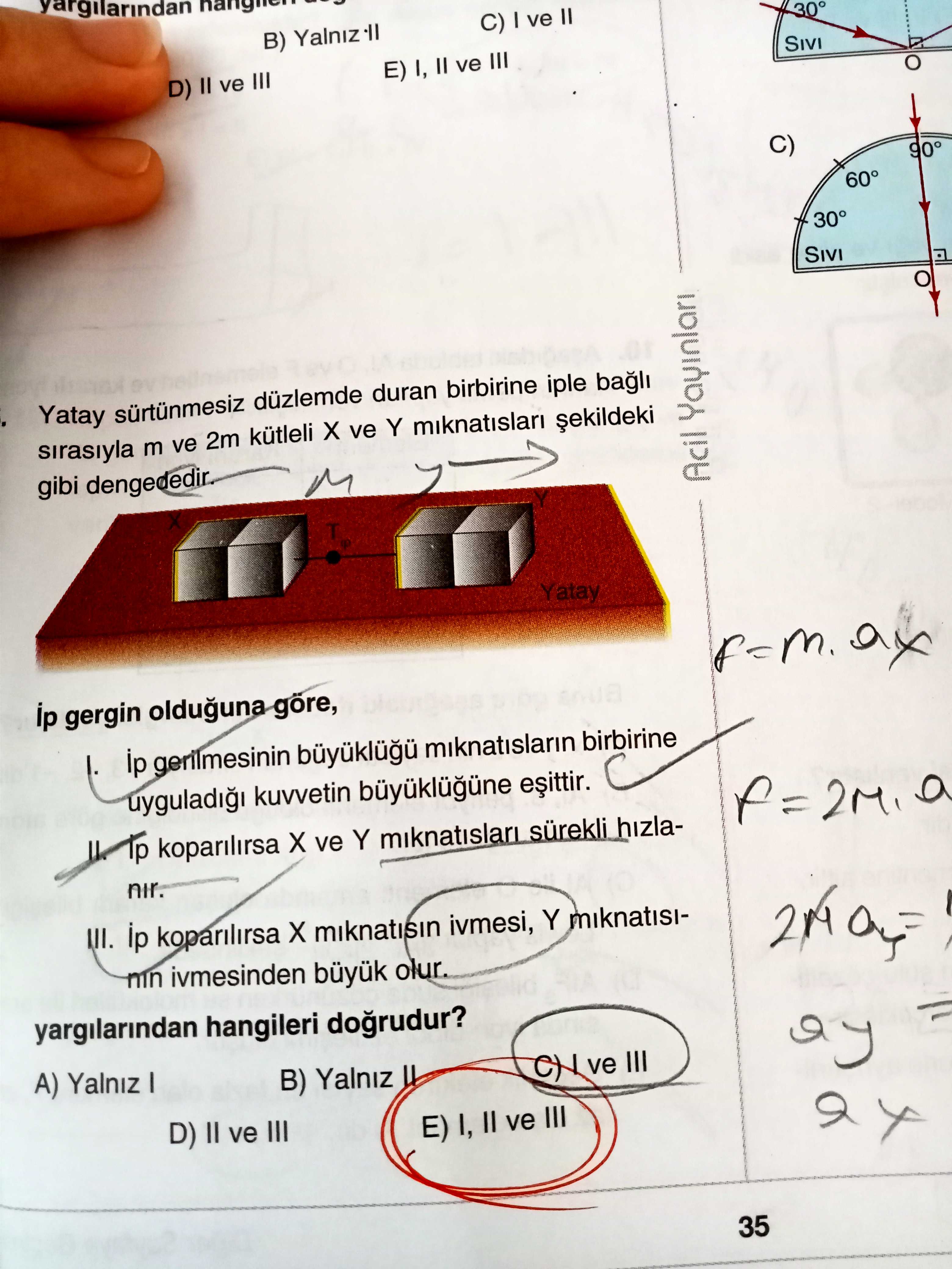 Yatay sürtünmesiz düzlemde duran birbirine iple bağlı sırasıyla m ve 2m kütleli X ve Y mıknatısları