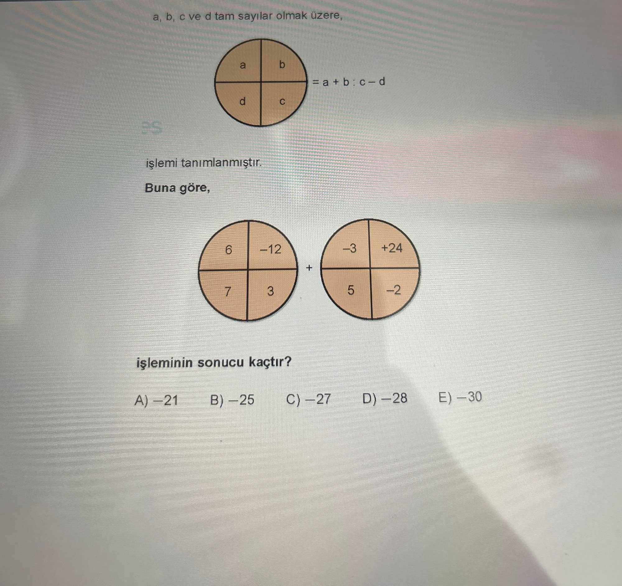 a, b, c ve d tam sayılar olmak üzere, (a | b / d | c) = a + b : c − d işlemi tanımlanmıştır. Buna