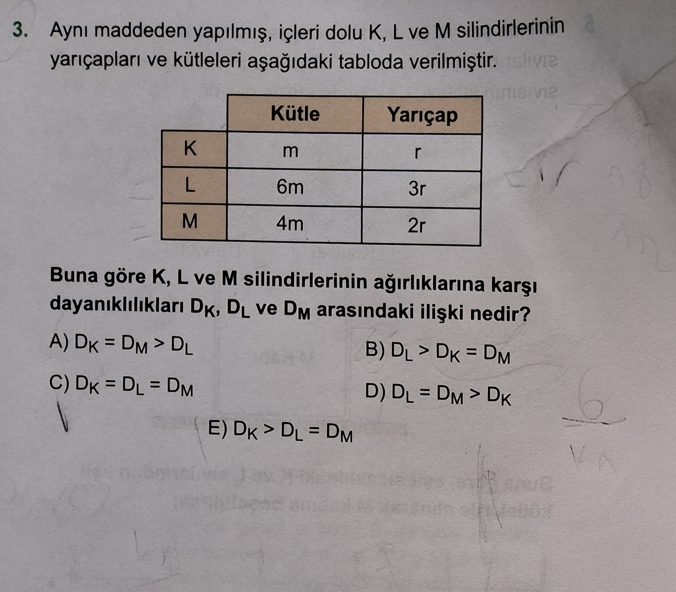 Aynı maddeden yapılmış, içleri dolu K, L ve M silindirlerinin yarıçapları ve kütleleri aşağıdaki