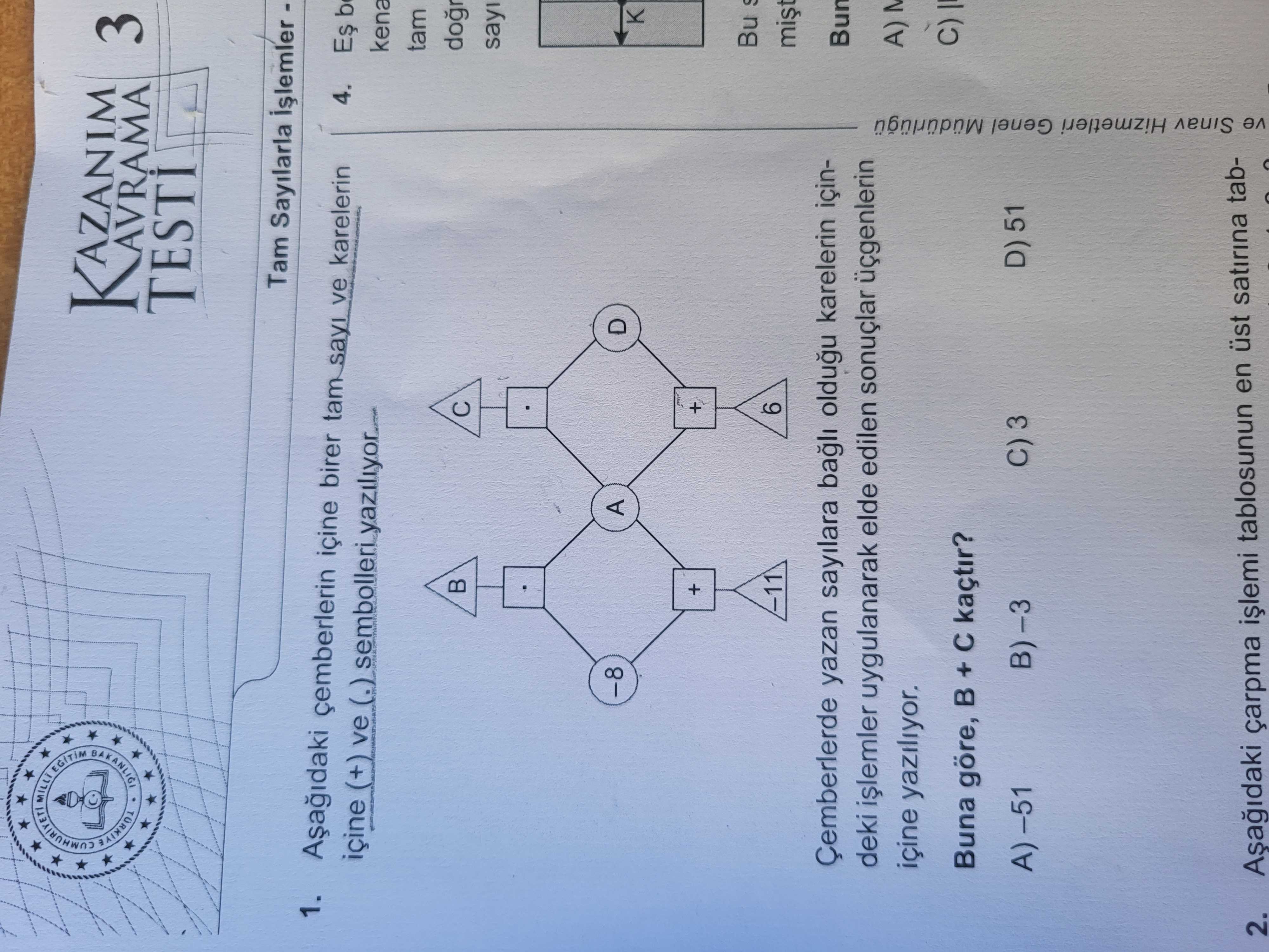 Aşağıdaki çemberlerin içine birer tam sayı ve karelerin içine (+) ve (.) sembollerini yazılıyor