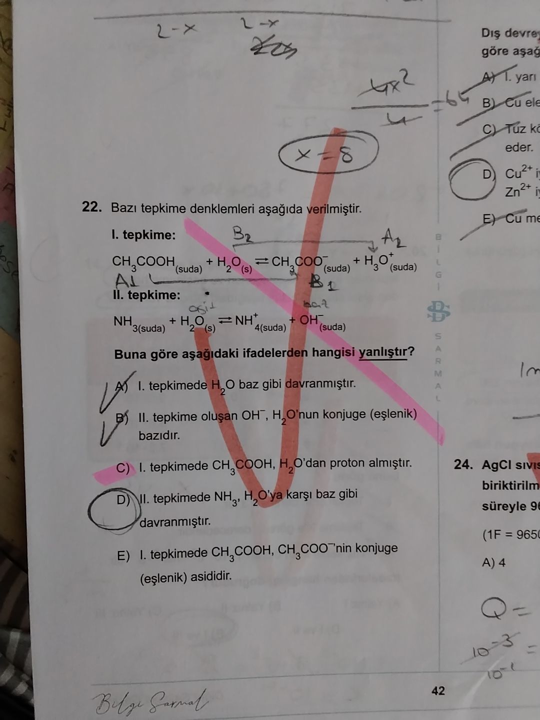 Bazı tepkime denklemleri aşağıda verilmiştir. I. tepkime: CH₃COOH(suda) + H₂O(s) ⇌ CH₃COO⁻(suda) +