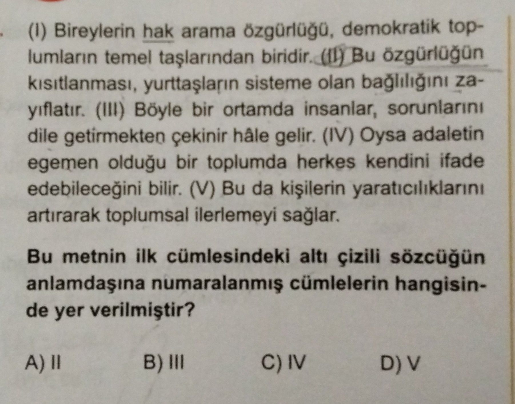 (I) Bireylerin hak arama özgürlüğü, demokratik toplumların temel taşlarından biridir. (II) Bu