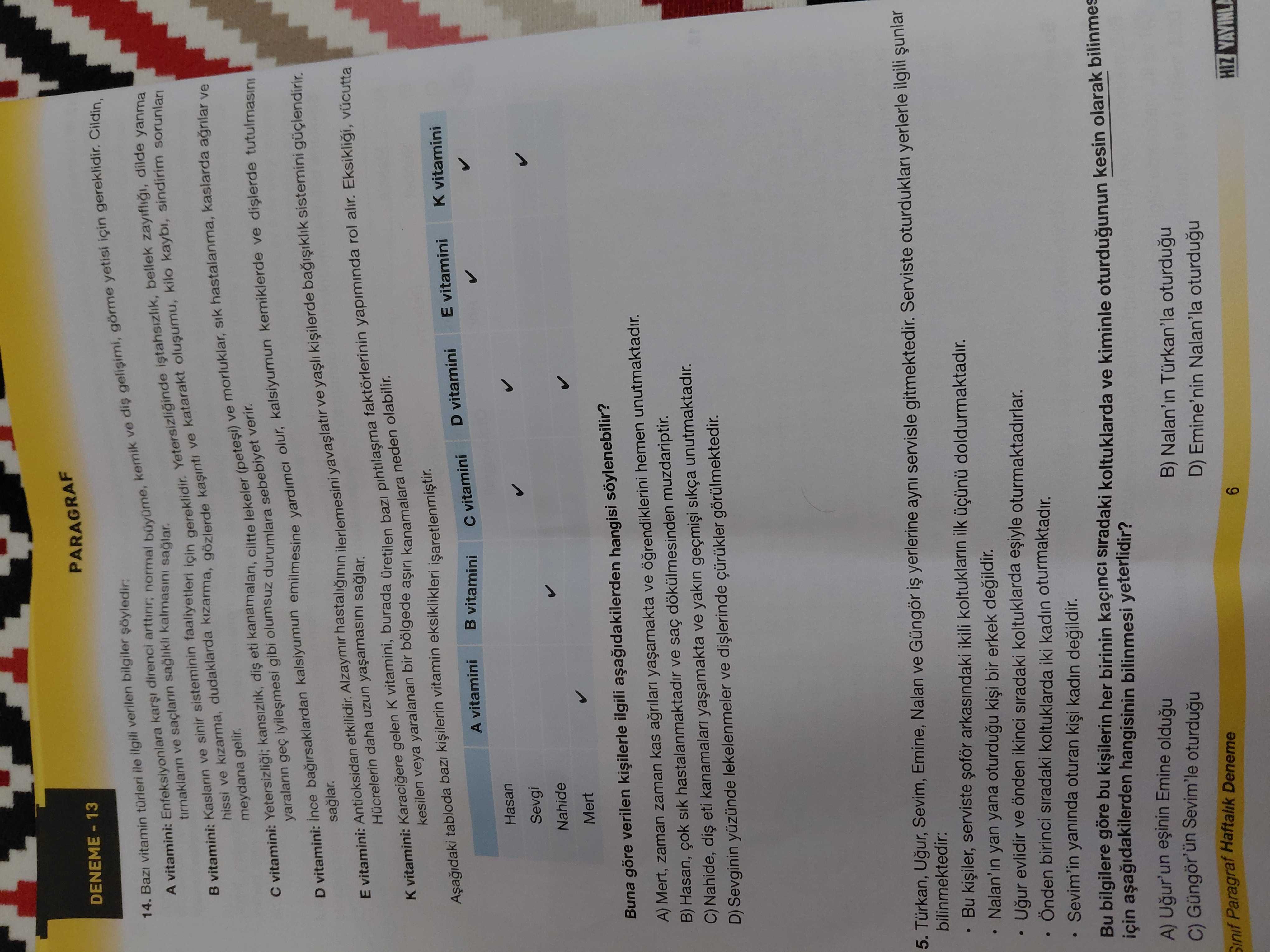 Bazı vitamin türleri ile ilgili verilen bilgiler şöyledir: A vitamini: Enfeksiyonlara karşı direnci