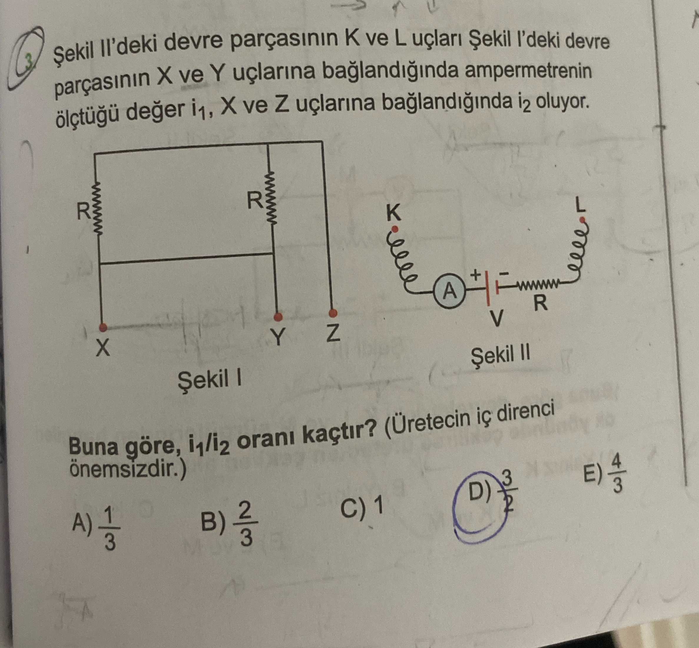 Şekil II'deki devre parçasının K ve L uçları Şekil I'deki devre parçasının X ve Y uçlarına