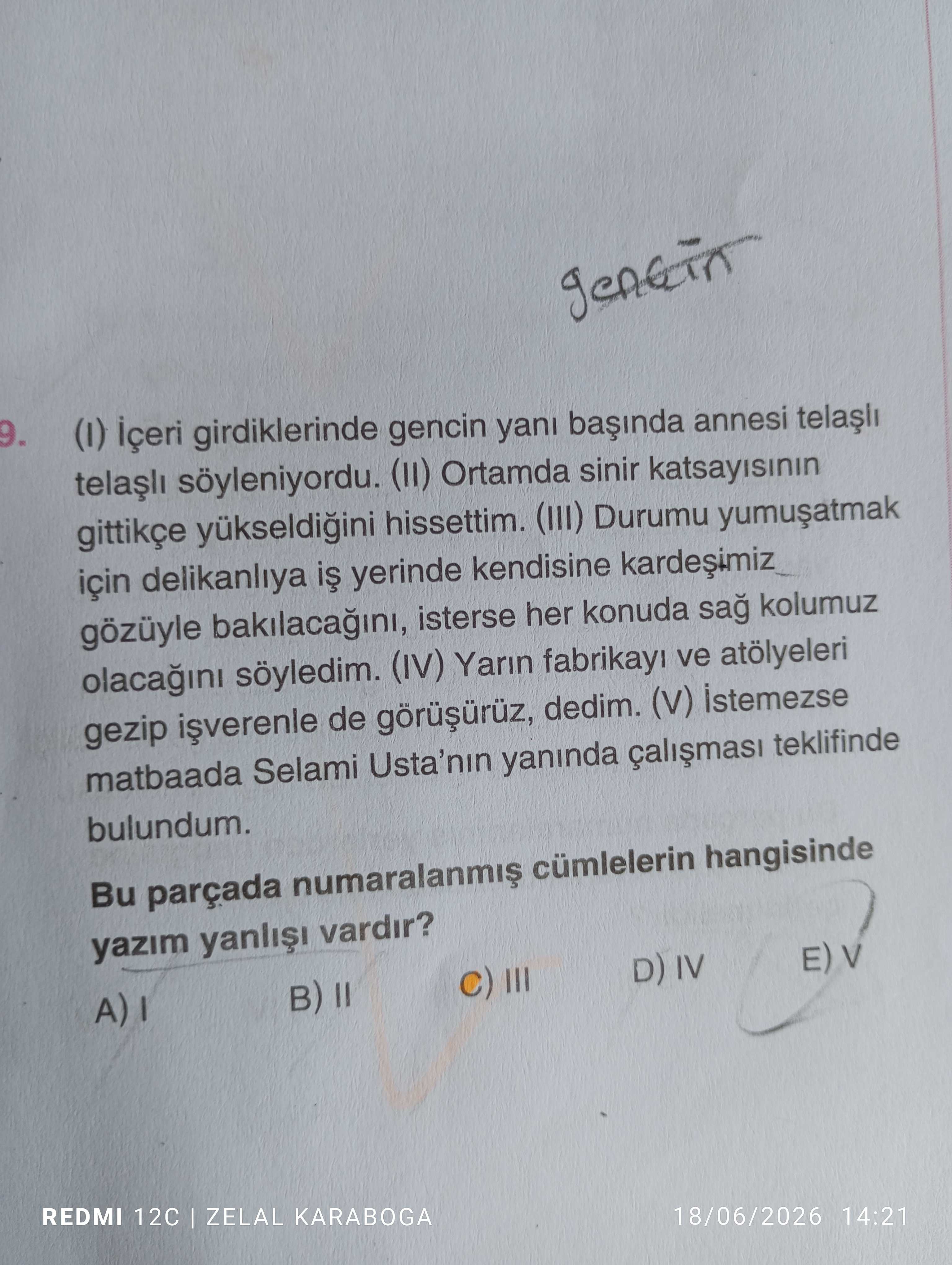 (I) İçeri girdiklerinde gencin yanı başında annesi telaşlı telaşlı söyleniyordu. (II) Ortamda sinir