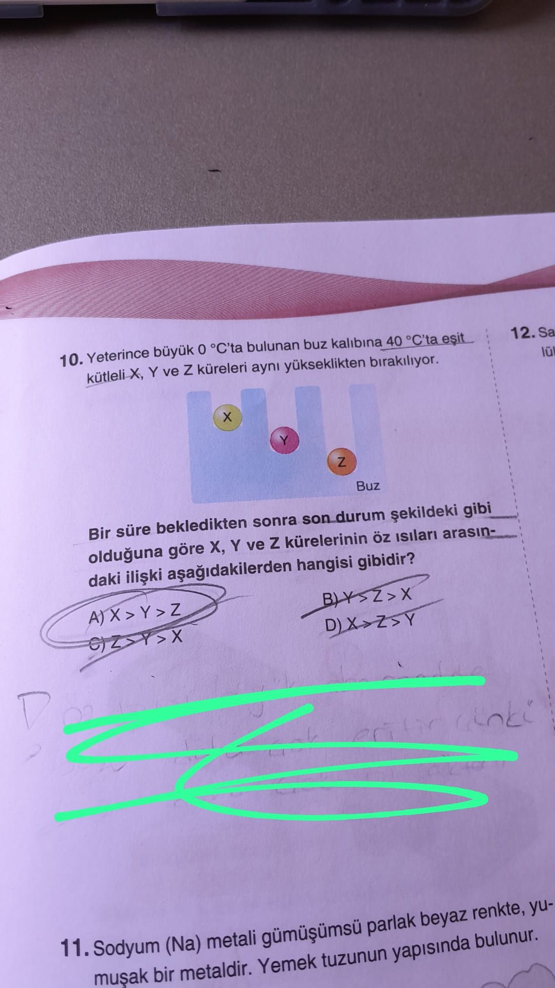 Yeterince büyük 0 °C'ta bulunan buz kalıbına 40 °C'ta eşit kütleli X, Y ve Z küreleri aynı