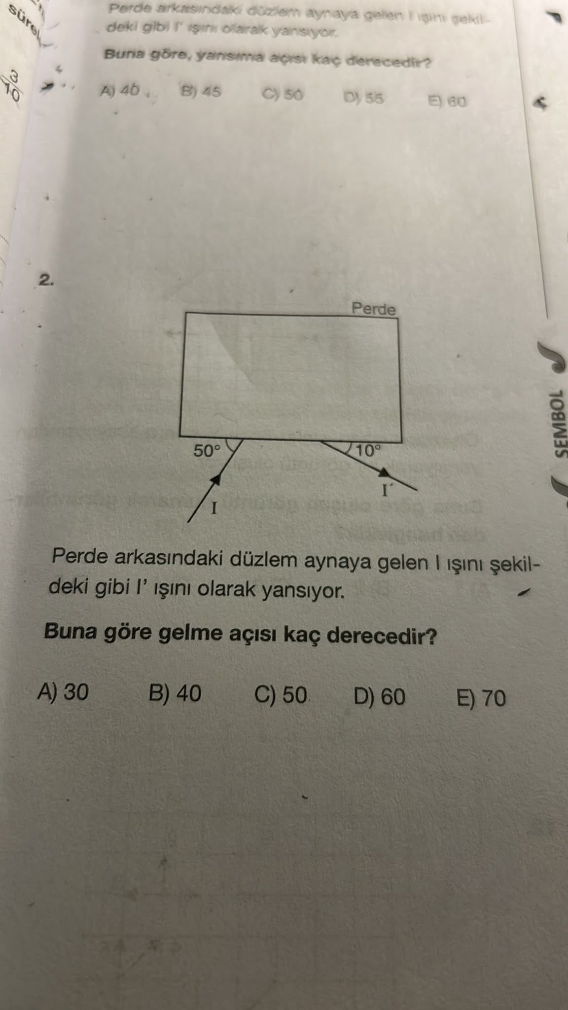Perde arkasındaki düzlem aynaya gelen I ışını şekildeki gibi I' ışını olarak yansıyor. Buna göre