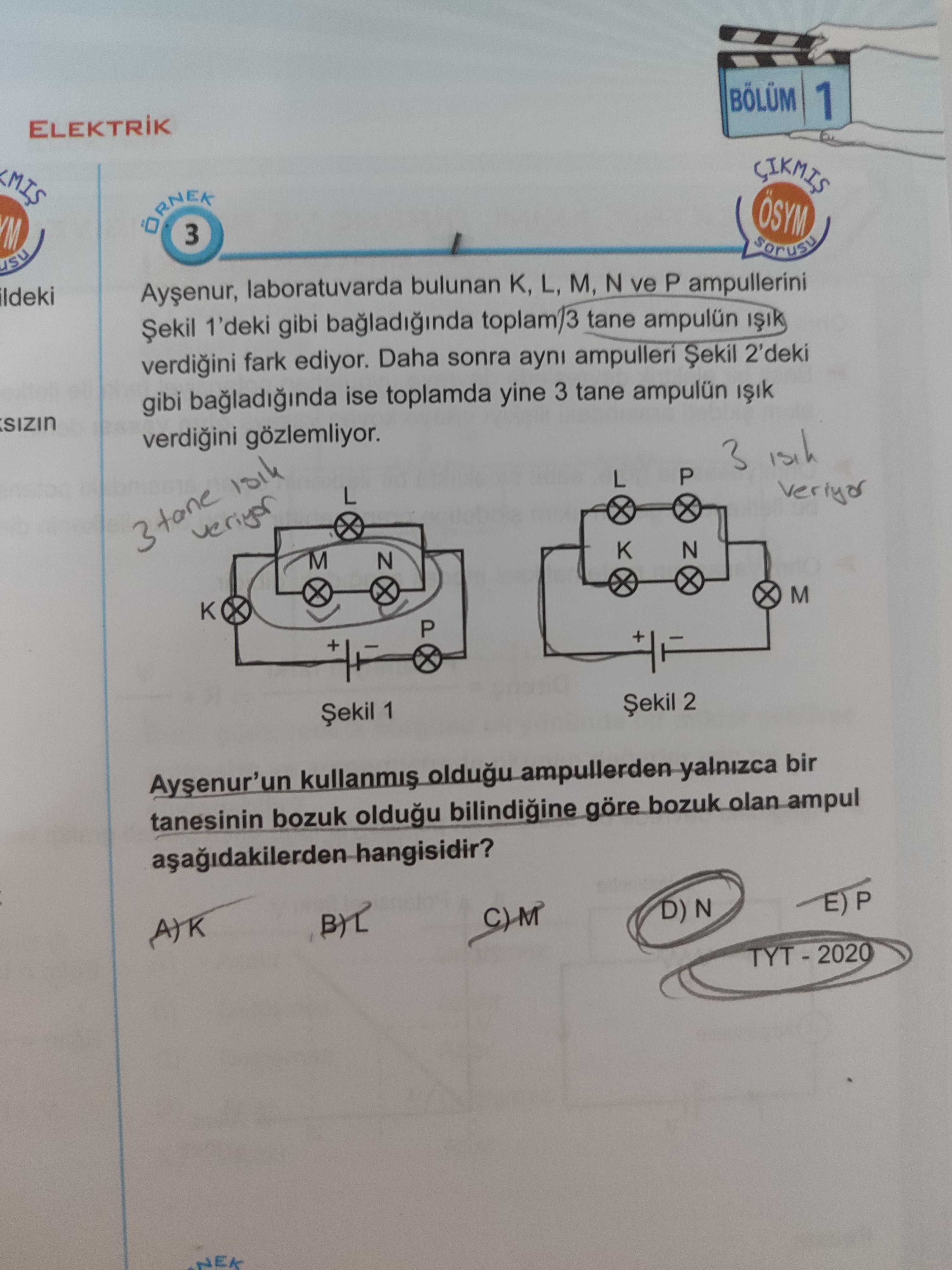 Ayşenur, laboratuvarda bulunan K, L, M, N ve P ampullerini Şekil 1'deki gibi bağladığında toplam 3