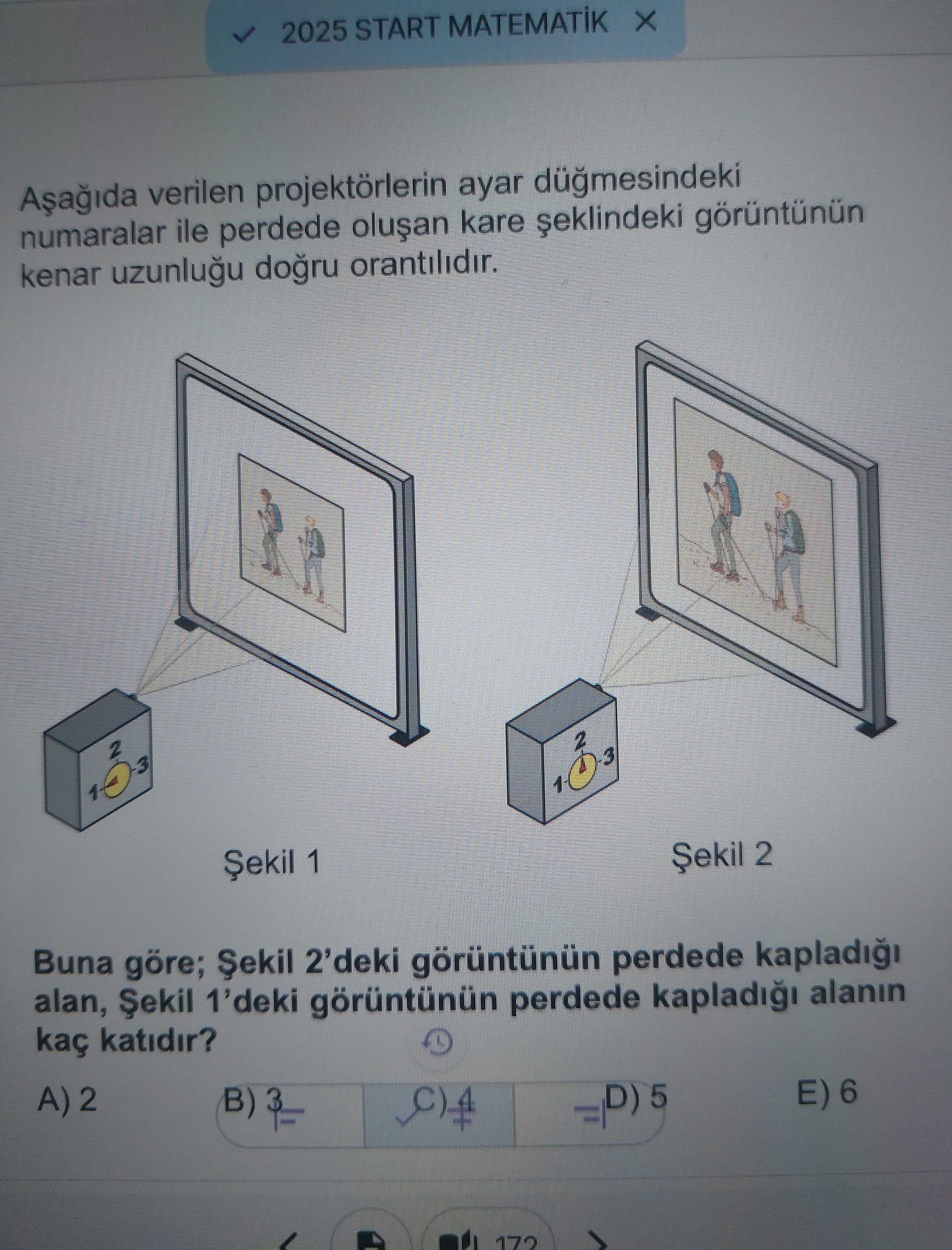Aşağıda verilen projektörlerin ayar düğmesindeki numaralar ile perdede oluşan kare şeklindeki