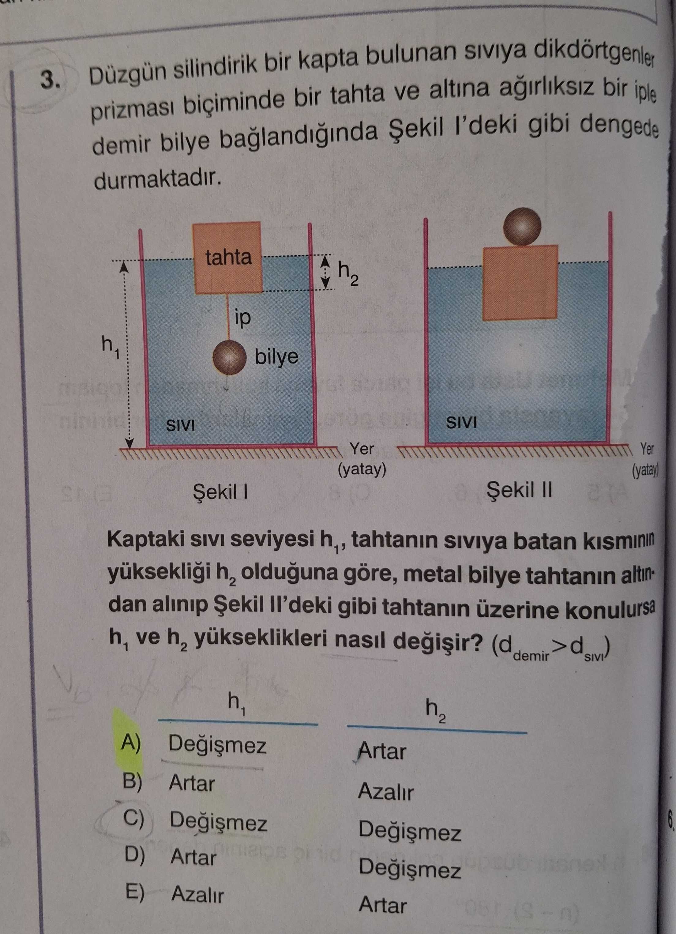 Düzgün silindirik bir kapta bulunan sıvıya dikdörtgenler prizması biçiminde bir tahta ve altına