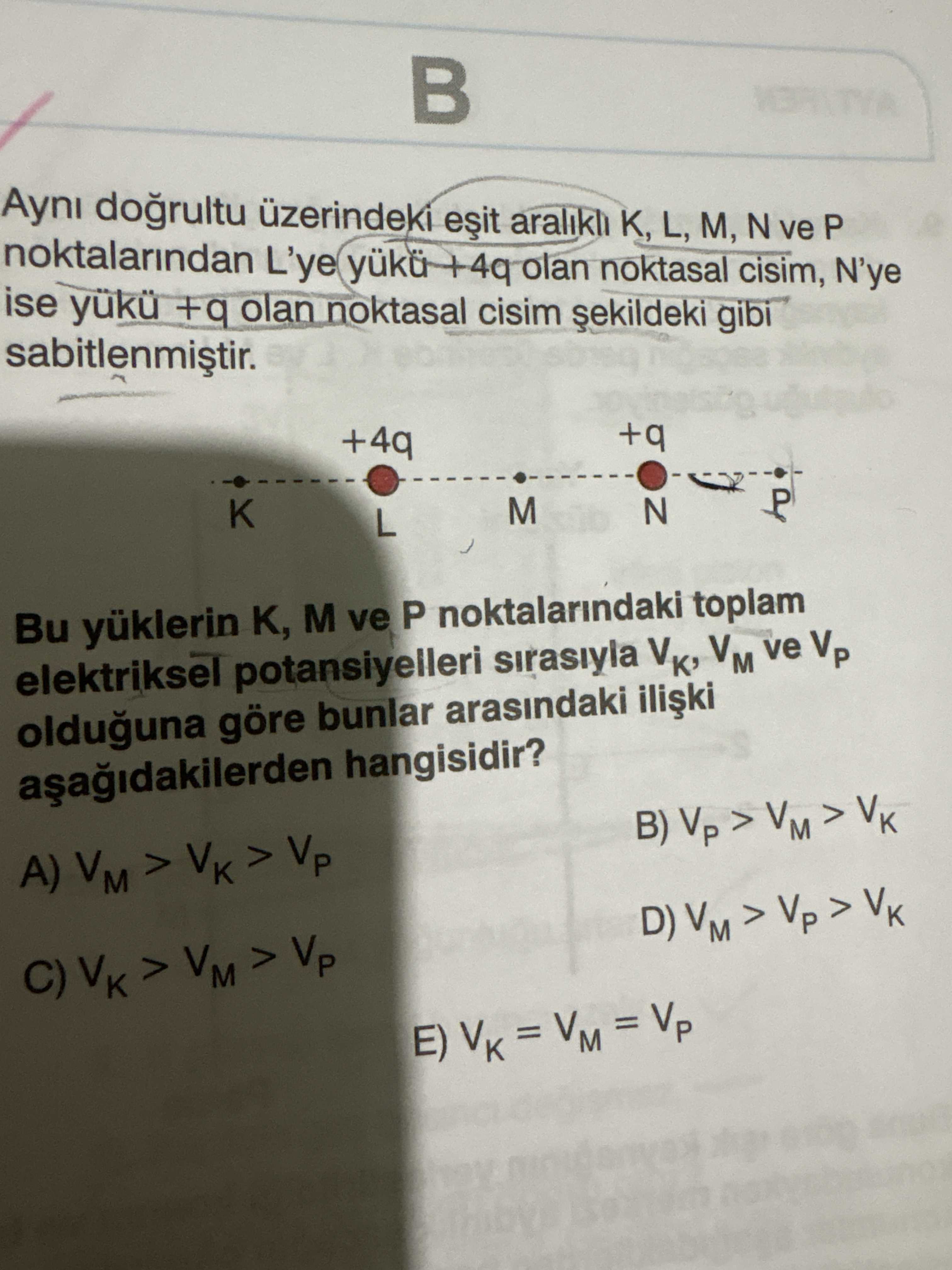 Aynı doğrultu üzerindeki eşit aralıklı K, L, M, N ve P noktalarından L'ye yükü +4q olan noktasal