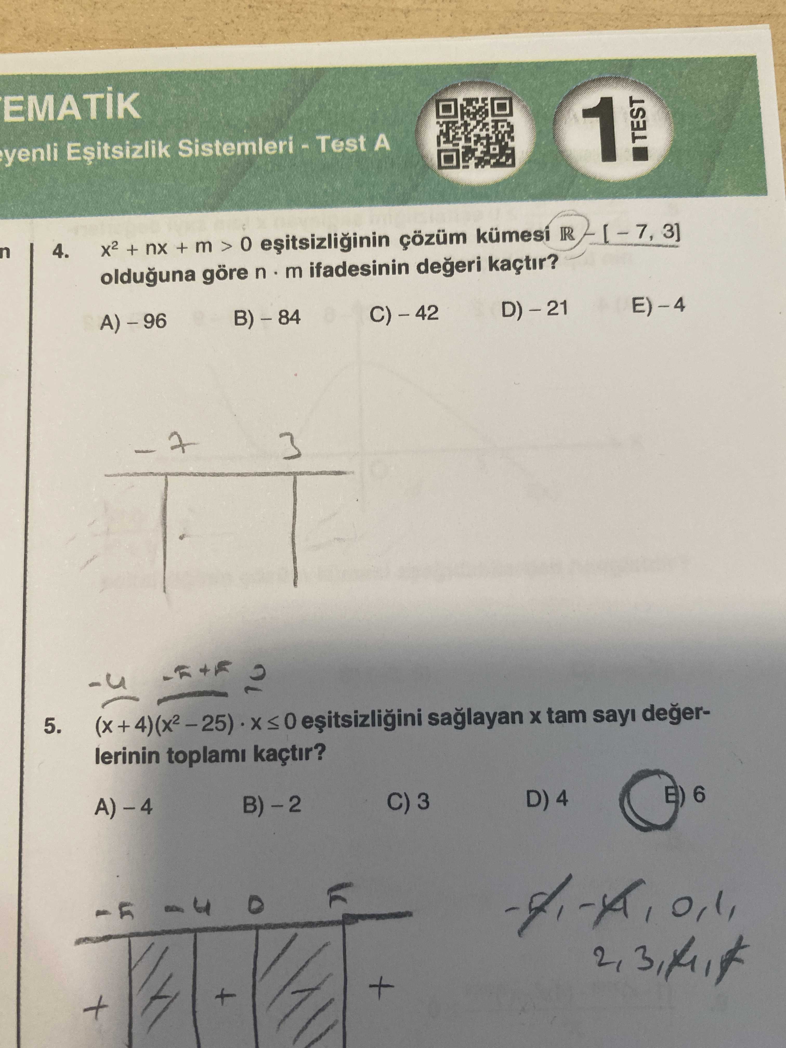 x² + nx + m > 0 eşitsizliğinin çözüm kümesi ℝ \ [ – 7, 3] olduğuna göre n · m ifadesinin değeri