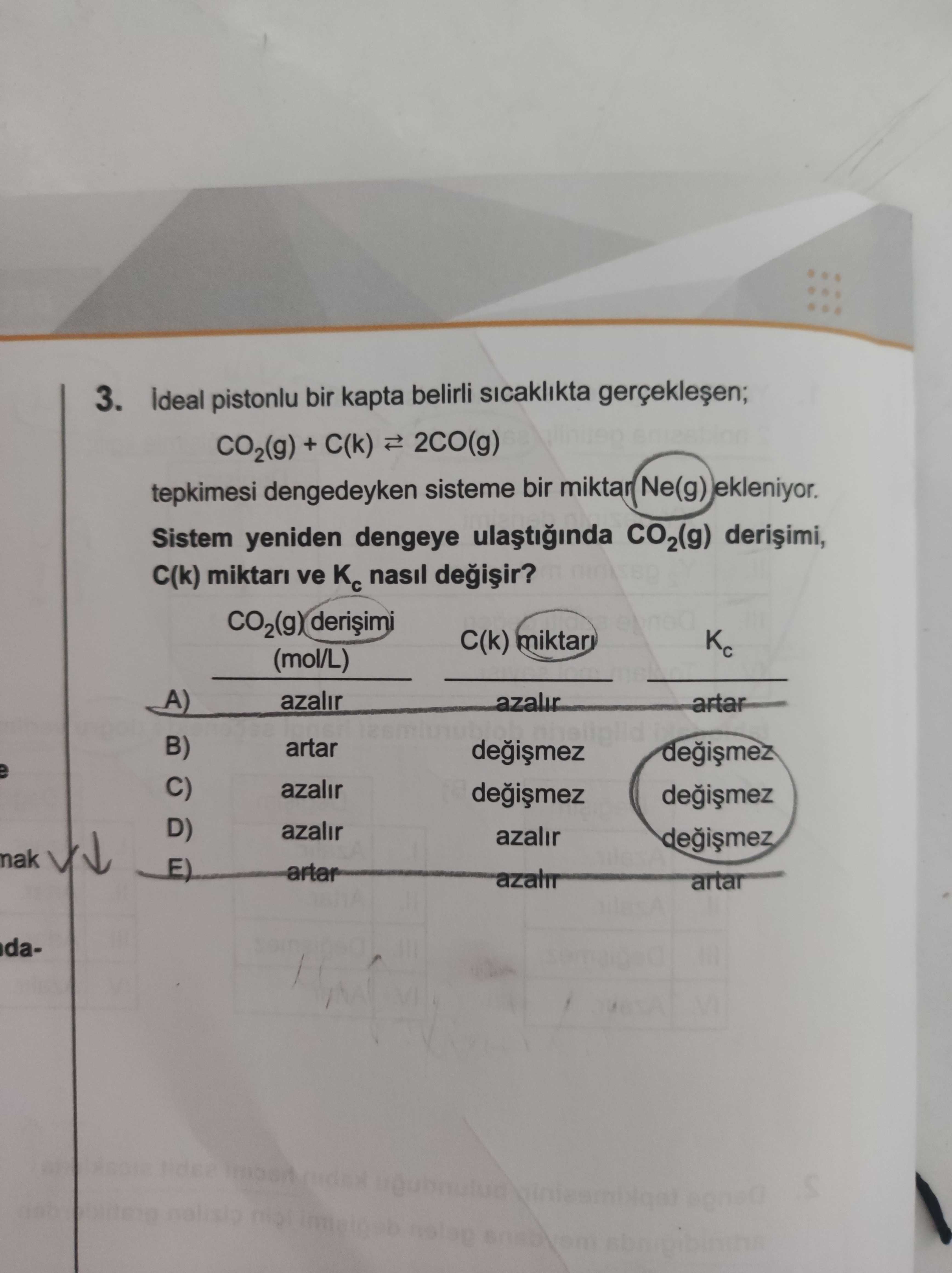 İdeal pistonlu bir kapta belirli sıcaklıkta gerçekleşen; CO₂(g) + C(k) ⇌ 2CO(g) tepkimesi