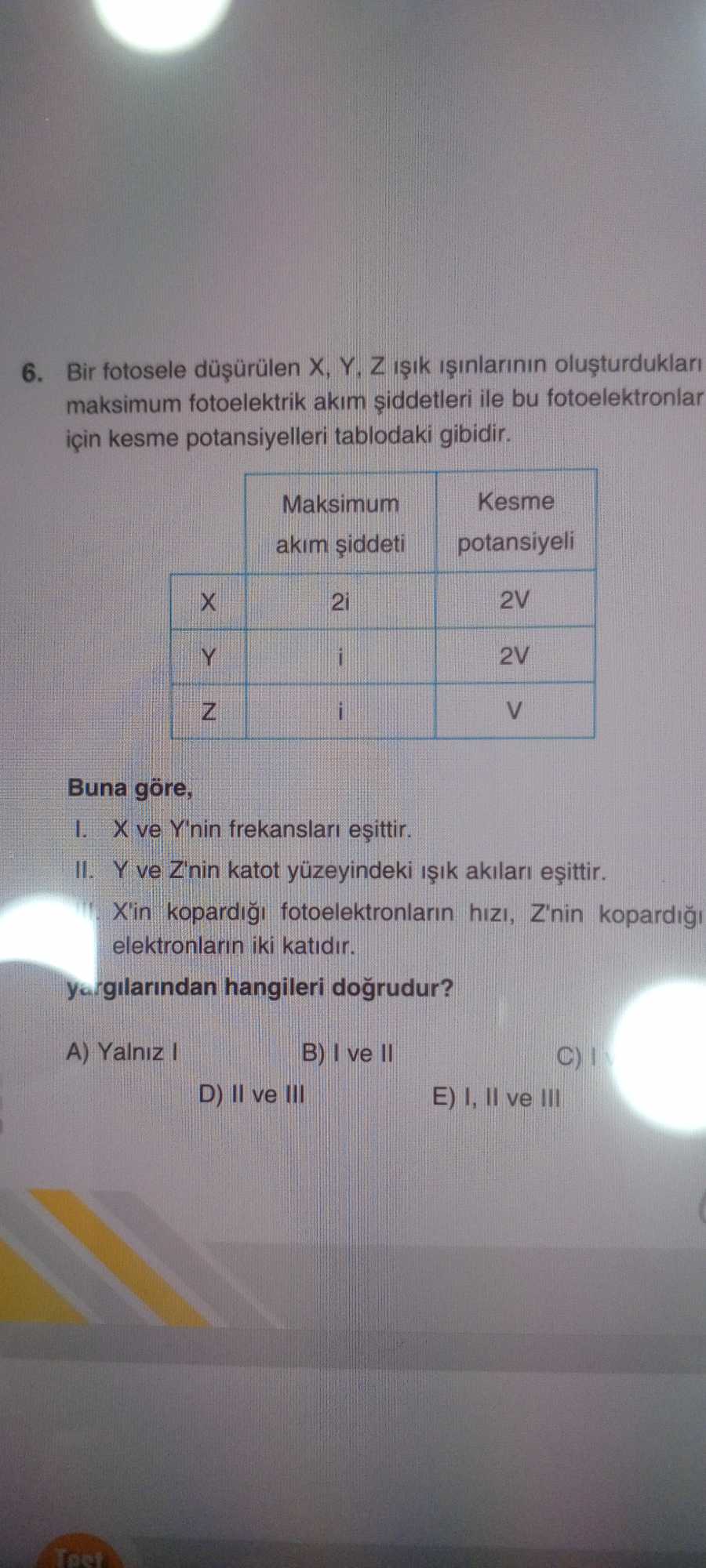 Bir fotosele düşürülen X, Y, Z ışık ışınlarının oluşturdukları maksimum fotoelektrik akım şiddetleri