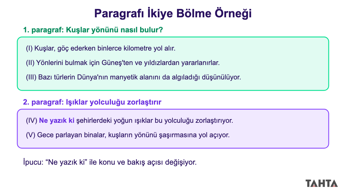 Paragrafı ikiye bölme örneği: kuşların yön bulması ve ışıkların zararı iki ayrı renkli blokta