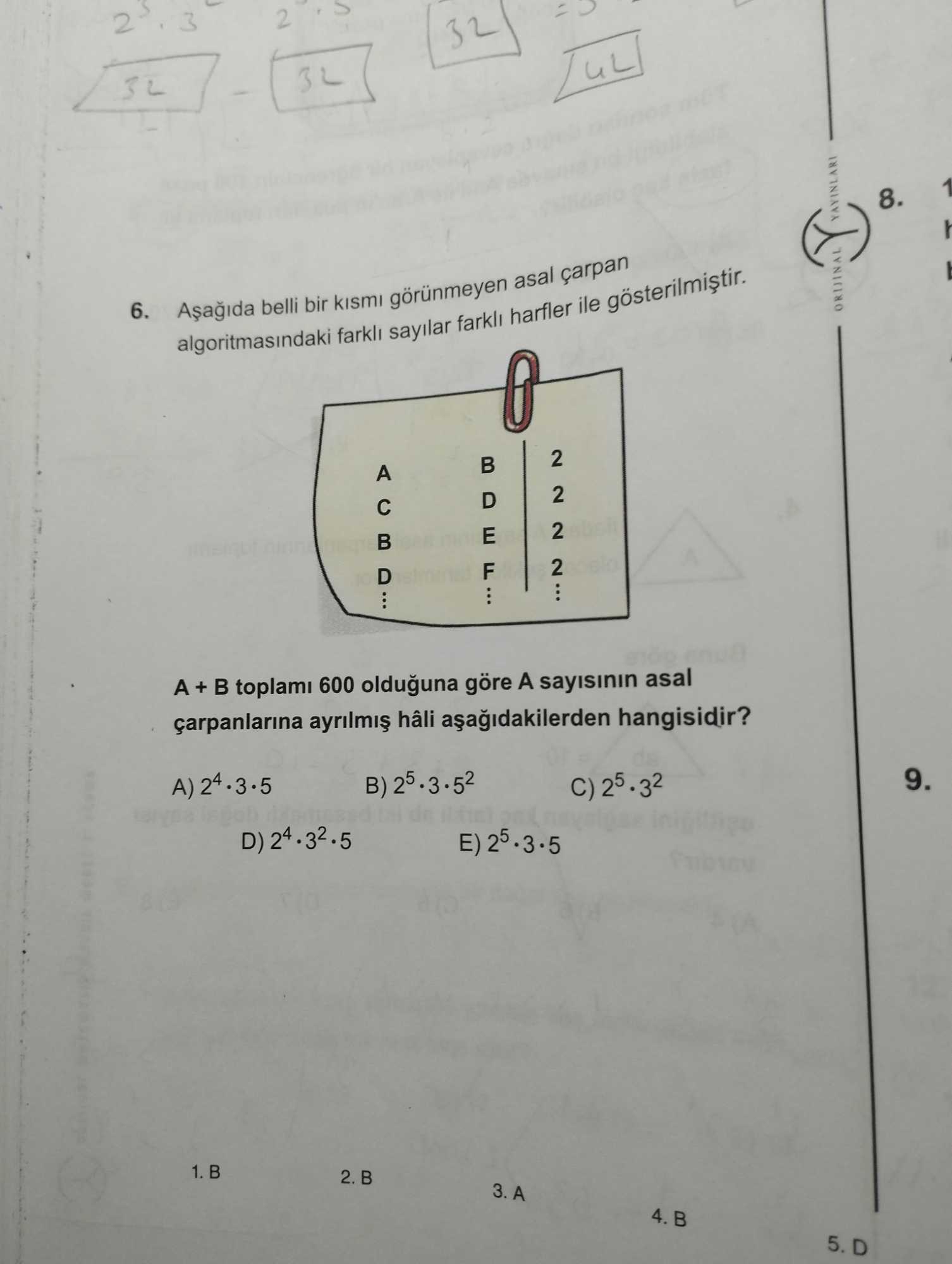 Aşağıda belli bir kısmı görünmeyen asal çarpan algoritmasındaki farklı sayılar farklı harfler ile