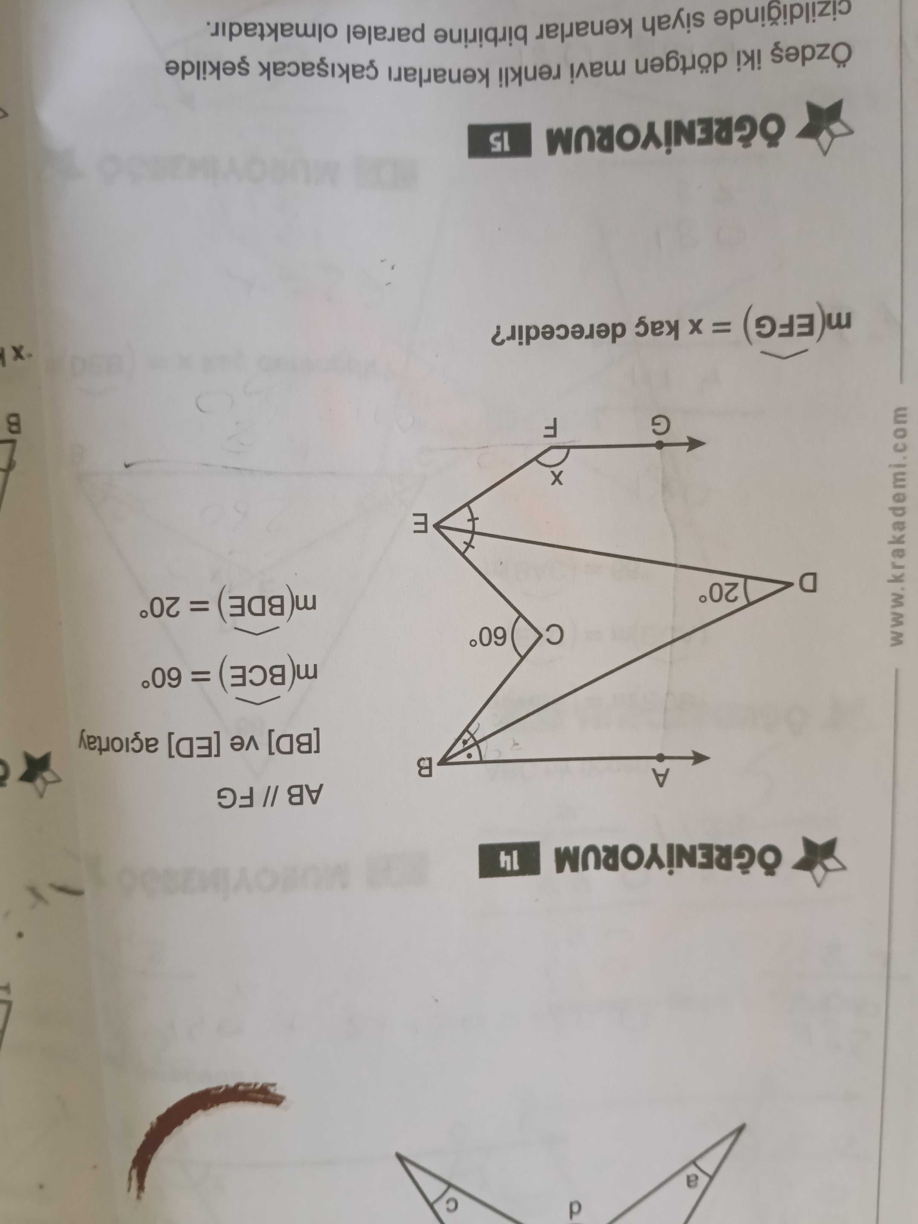 ÖĞRENİYORUM 14 AB // FG [BD] ve [ED] açıortay m(BCE) = 60° m(BDE) = 20° m(EFG) = x kaç derecedir?