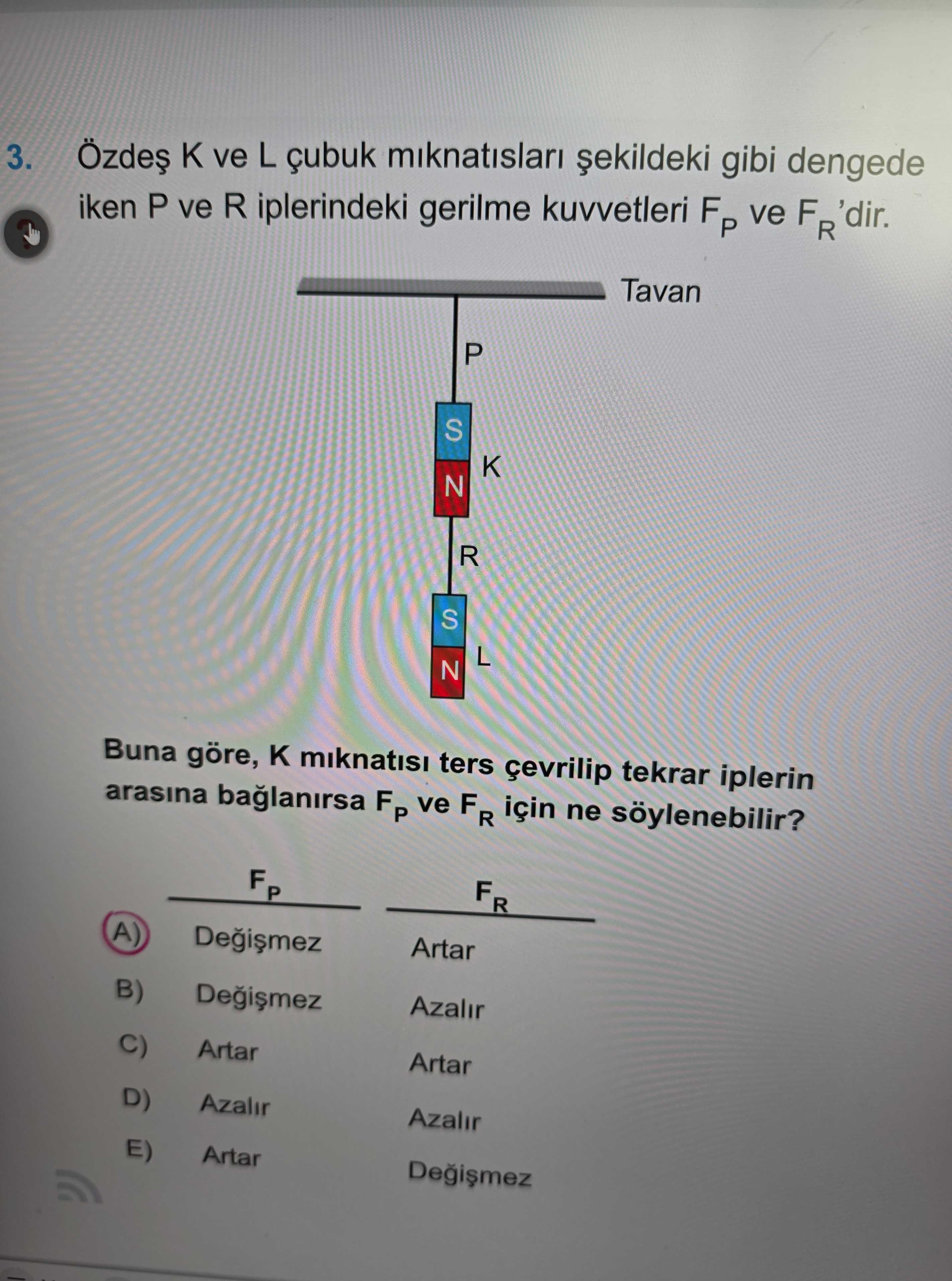 Özdeş K ve L çubuk mıknatısları şekildeki gibi dengede iken P ve R iplerindeki gerilme kuvvetleri