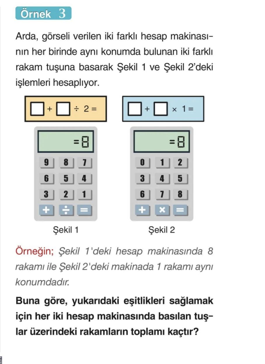 Arda, görseli verilen iki farklı hesap makinasının her birinde aynı konumda bulunan iki farklı rakam