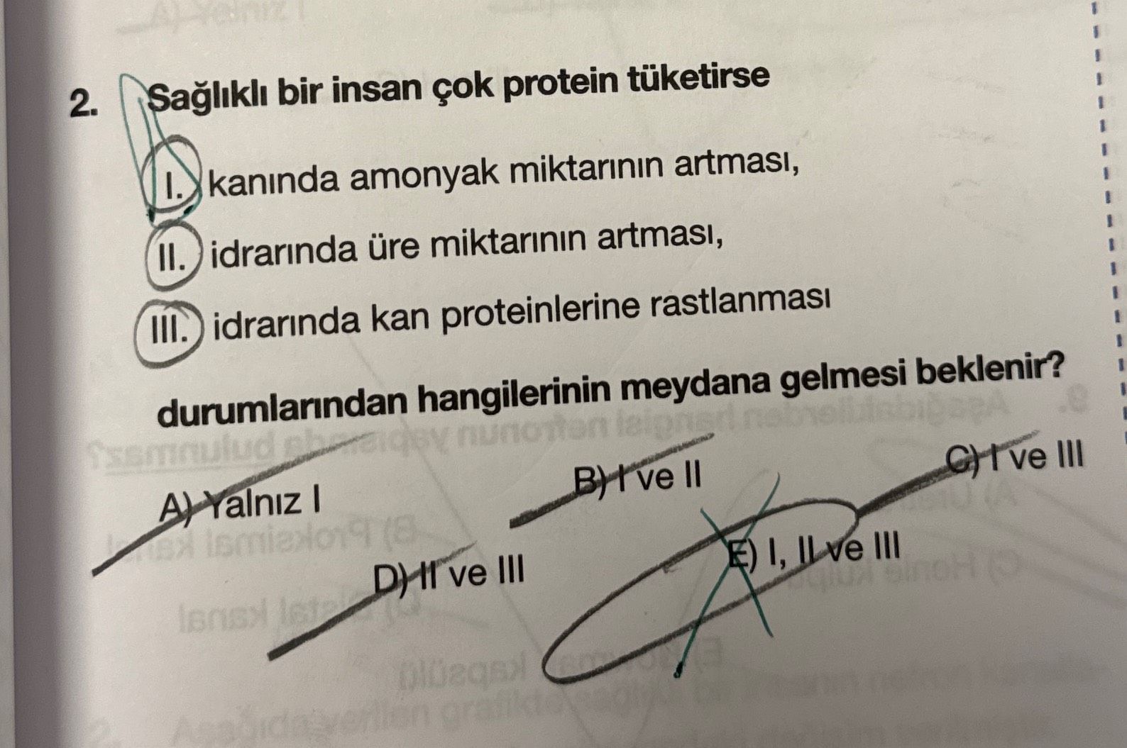 Sağlıklı bir insan çok protein tüketirse I. kanında amonyak miktarının artması, II. idrarında üre
