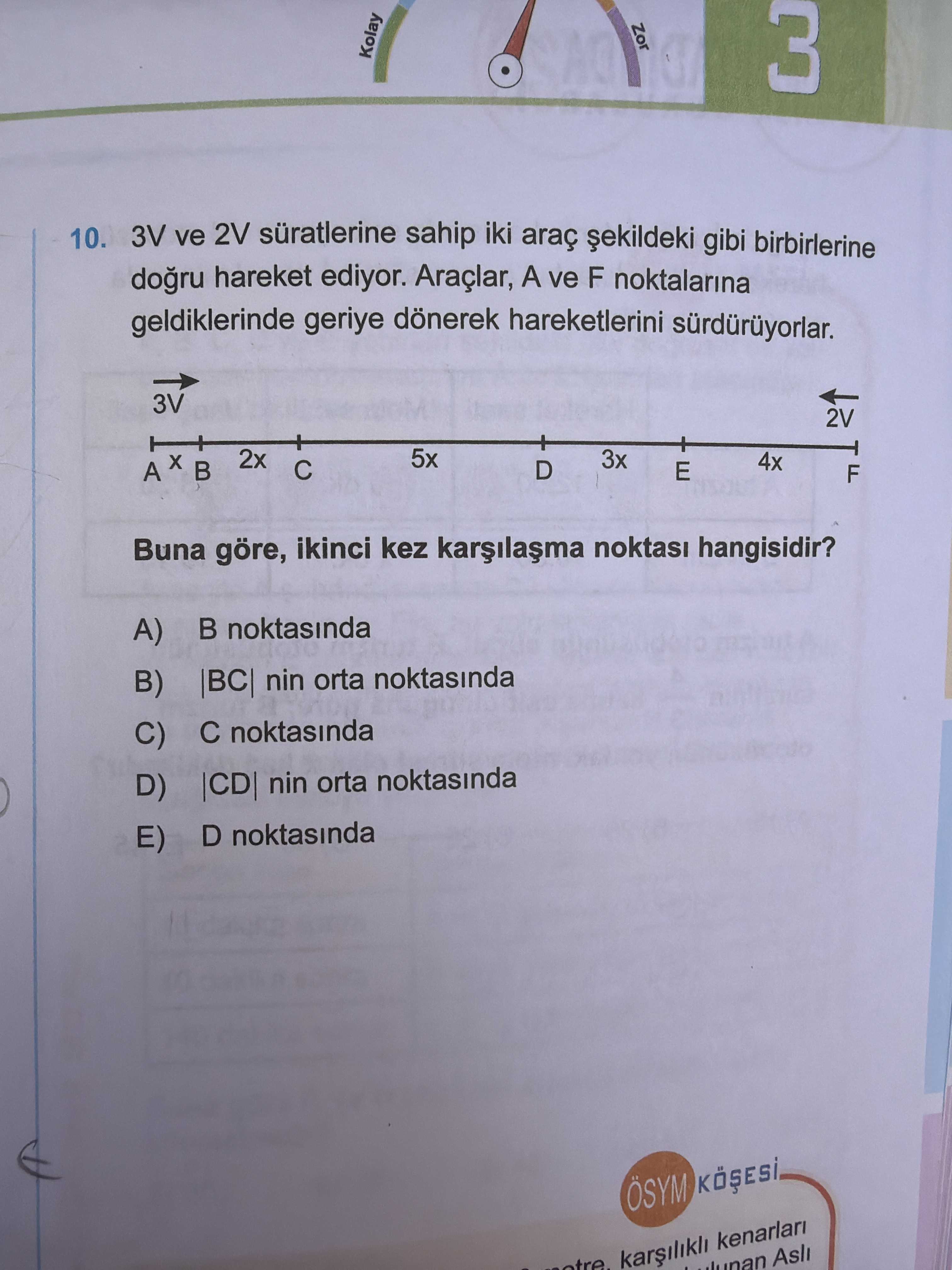 3V ve 2V süratlerine sahip iki araç şekildeki gibi birbirlerine doğru hareket ediyor. Araçlar, A ve