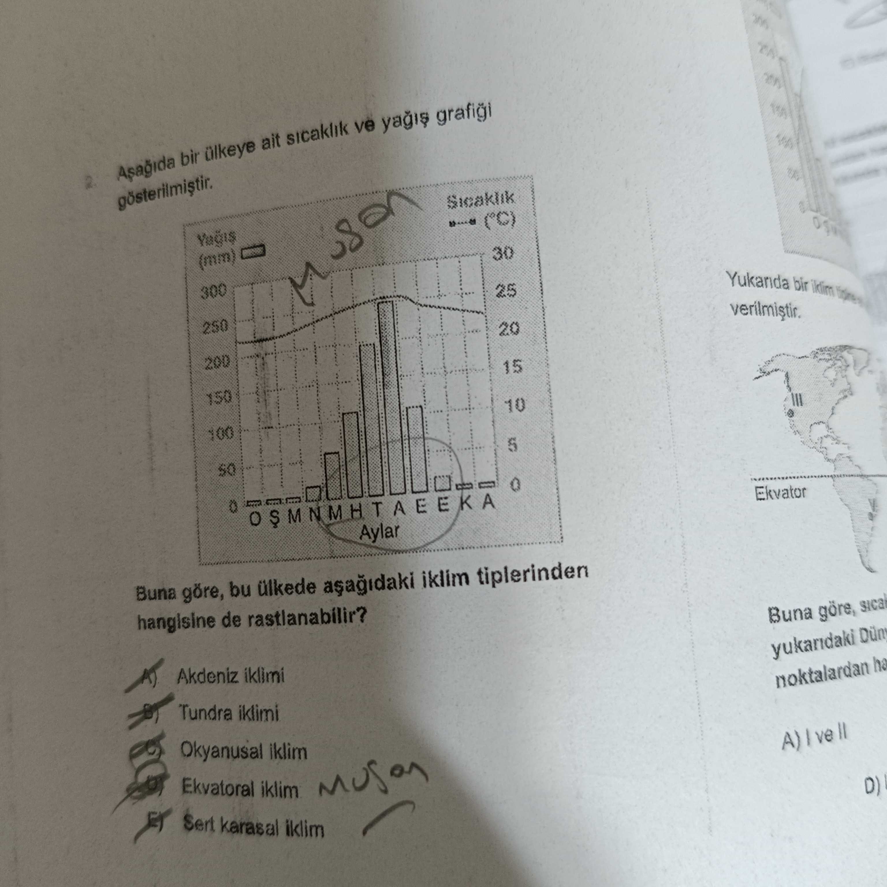 Aşağıda bir ülkeye ait sıcaklık ve yağış grafiği gösterilmiştir. Yağış (mm) Sıcaklık (°C) 300 30 250