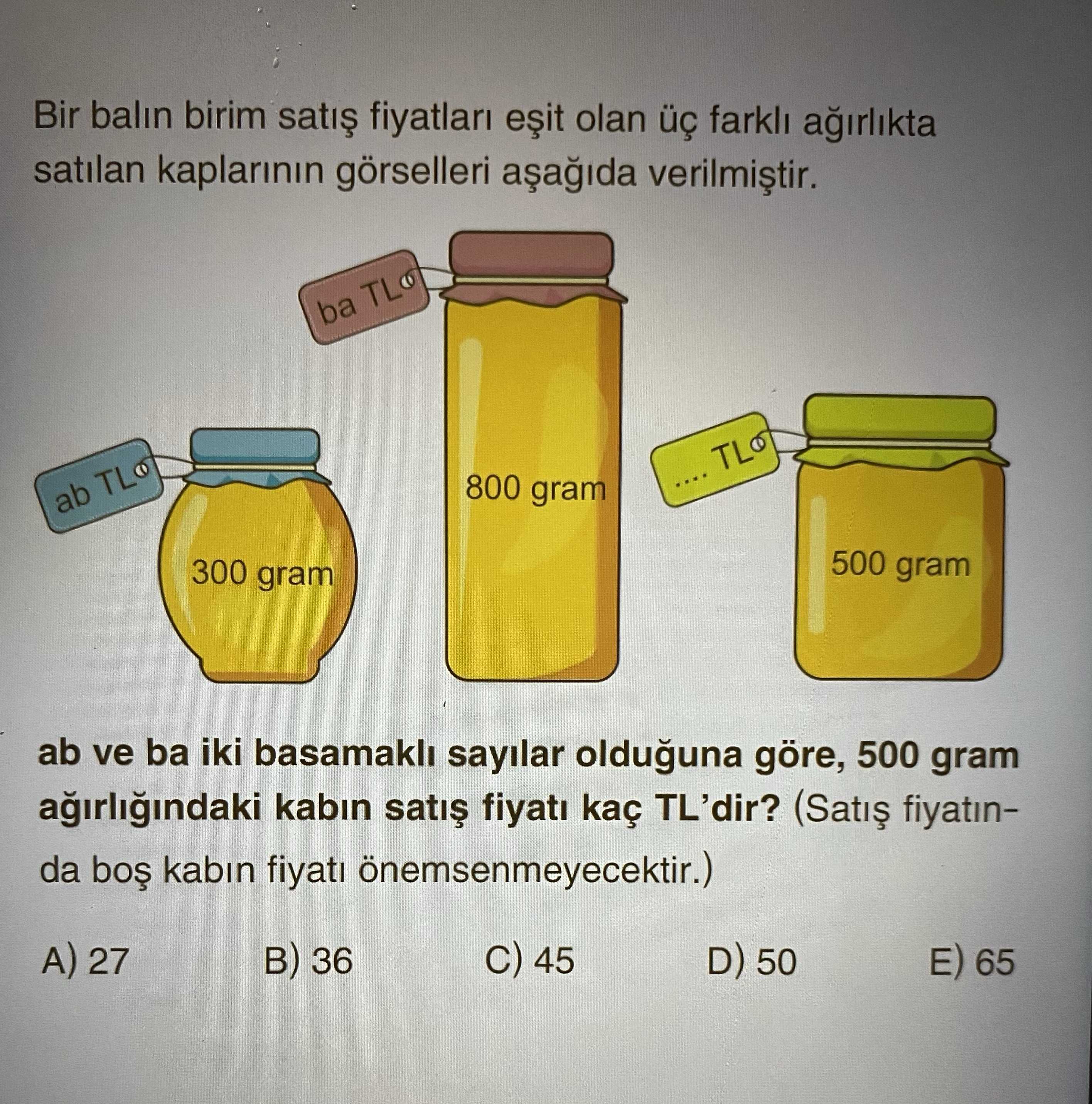 Bir balın birim satış fiyatları eşit olan üç farklı ağırlıkta satılan kaplarının görselleri aşağıda