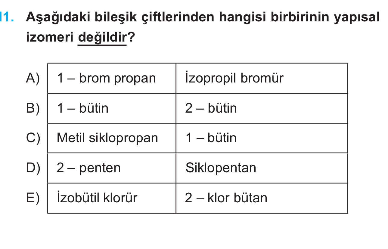11. çiftlerinden hangisi birbirinin yapisal izomeri propan izopropil bromür A) B) C) Metil siklopropan D) Siklopentan izobütil klorür bütan E) 11. çiftlerinden hangisi birbirinin yapisal izomeri propan izopropil bromür A) B) C) Metil siklopropan D) Siklopentan izobütil klorür bütan E). ?? Model.Question.title