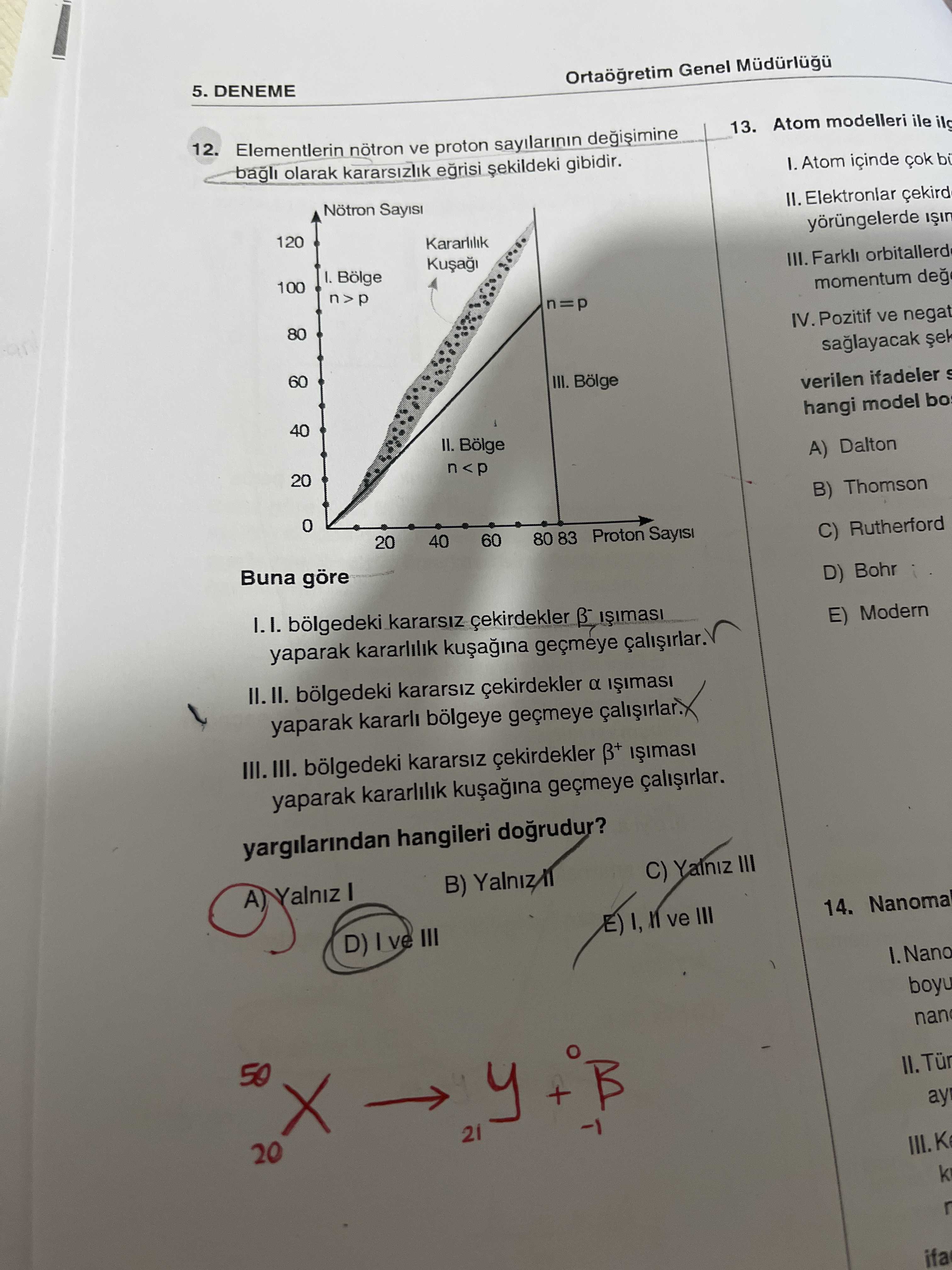 Elementlerin nötron ve proton sayılarının değişimine bağlı olarak kararsızlık eğrisi şekildeki
