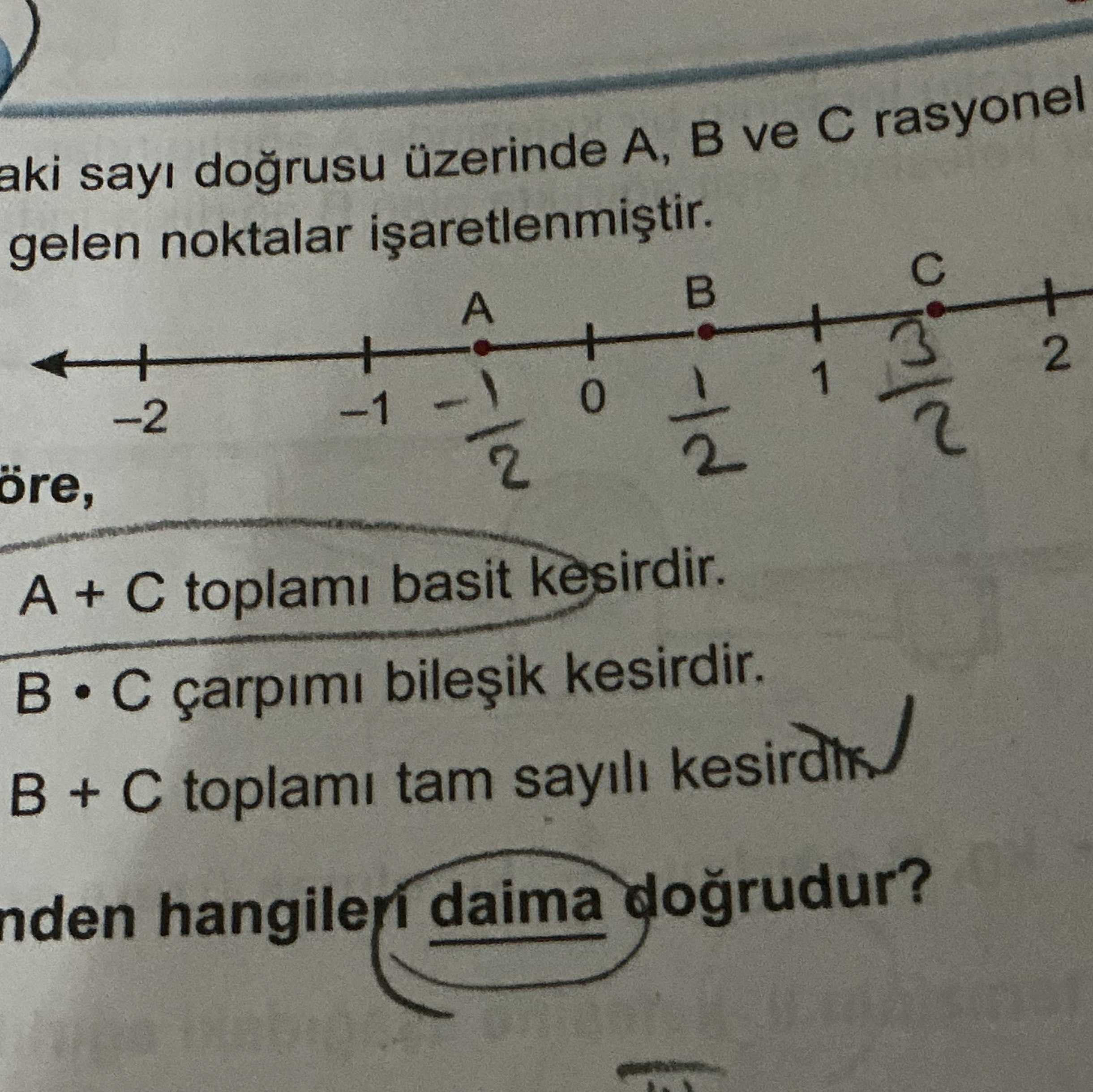 ...aki sayı doğrusu üzerinde A, B ve C rasyonel gelen noktalar işaretlenmiştir. ...öre, I. A + C