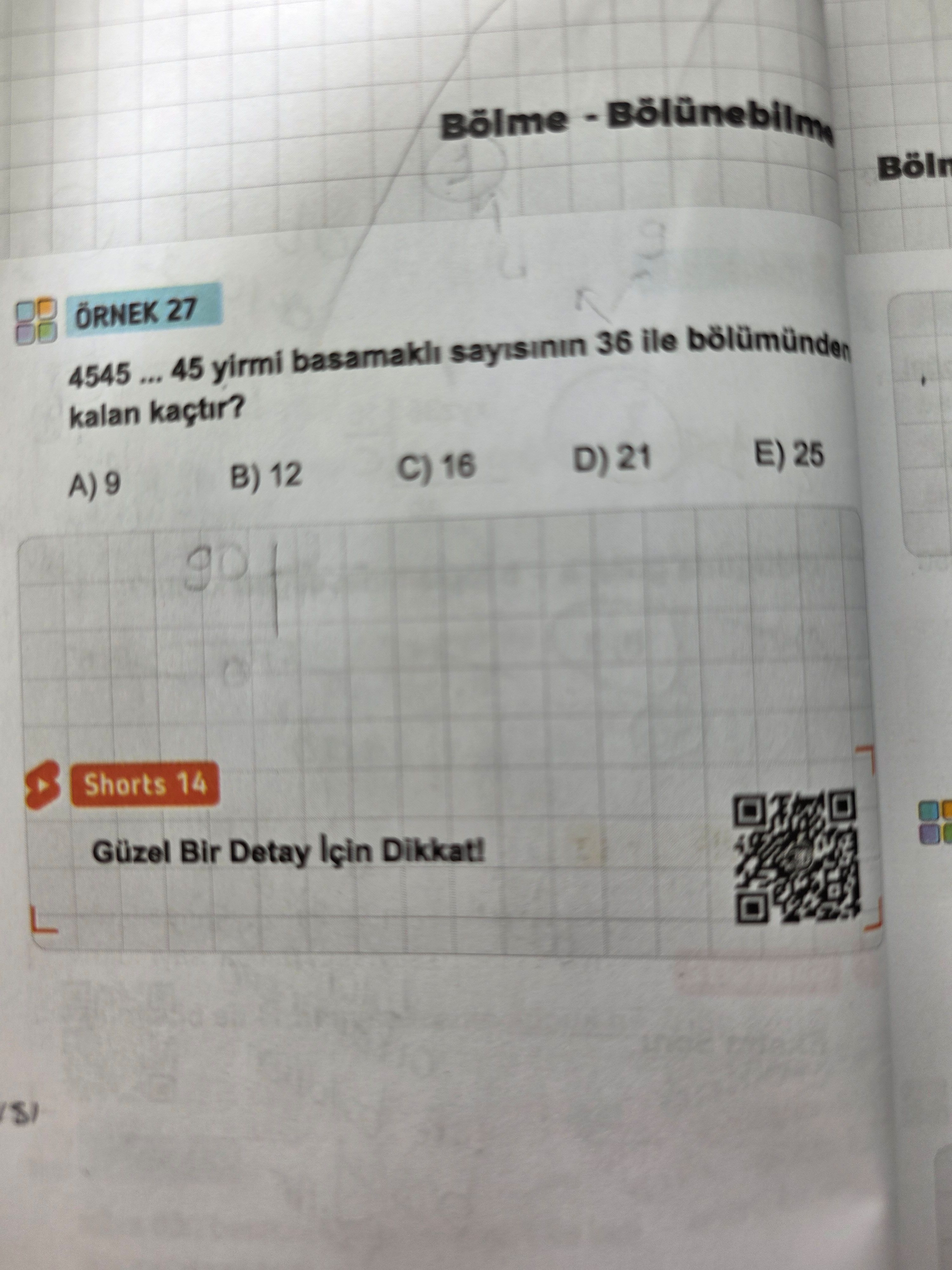 4545 ... 45 yirmi basamaklı sayısının 36 ile bölümünden kalan kaçtır?