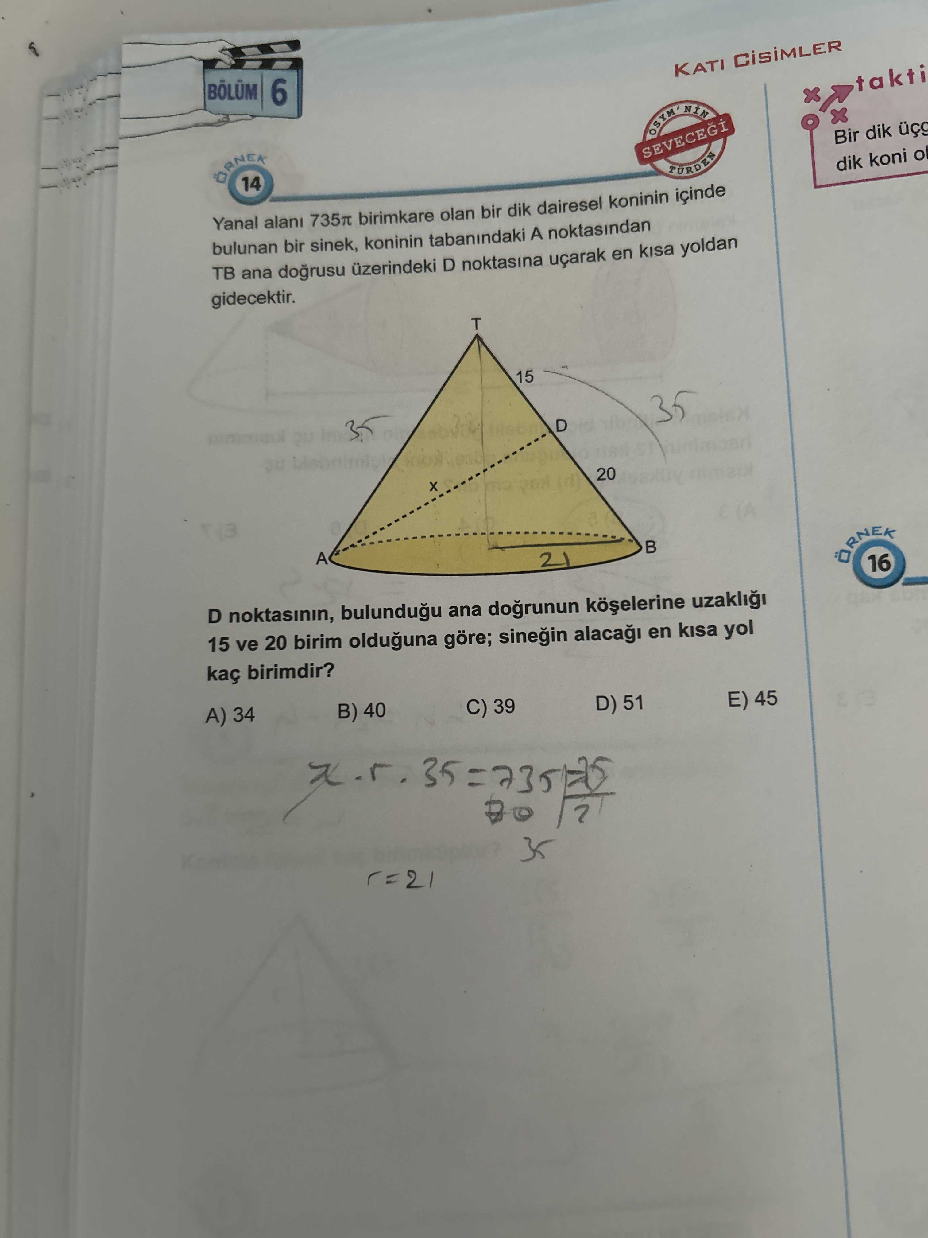 Yanal alanı 735π birimkare olan bir dik dalresel koninin içinde bulunan bir sinek, koninin