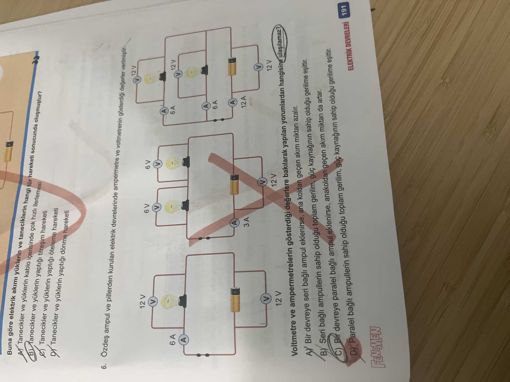 Özdeş ampul ve pillerden kurulan elektrik devrelerinde ampermetre ve voltmetrenin gösterdiği