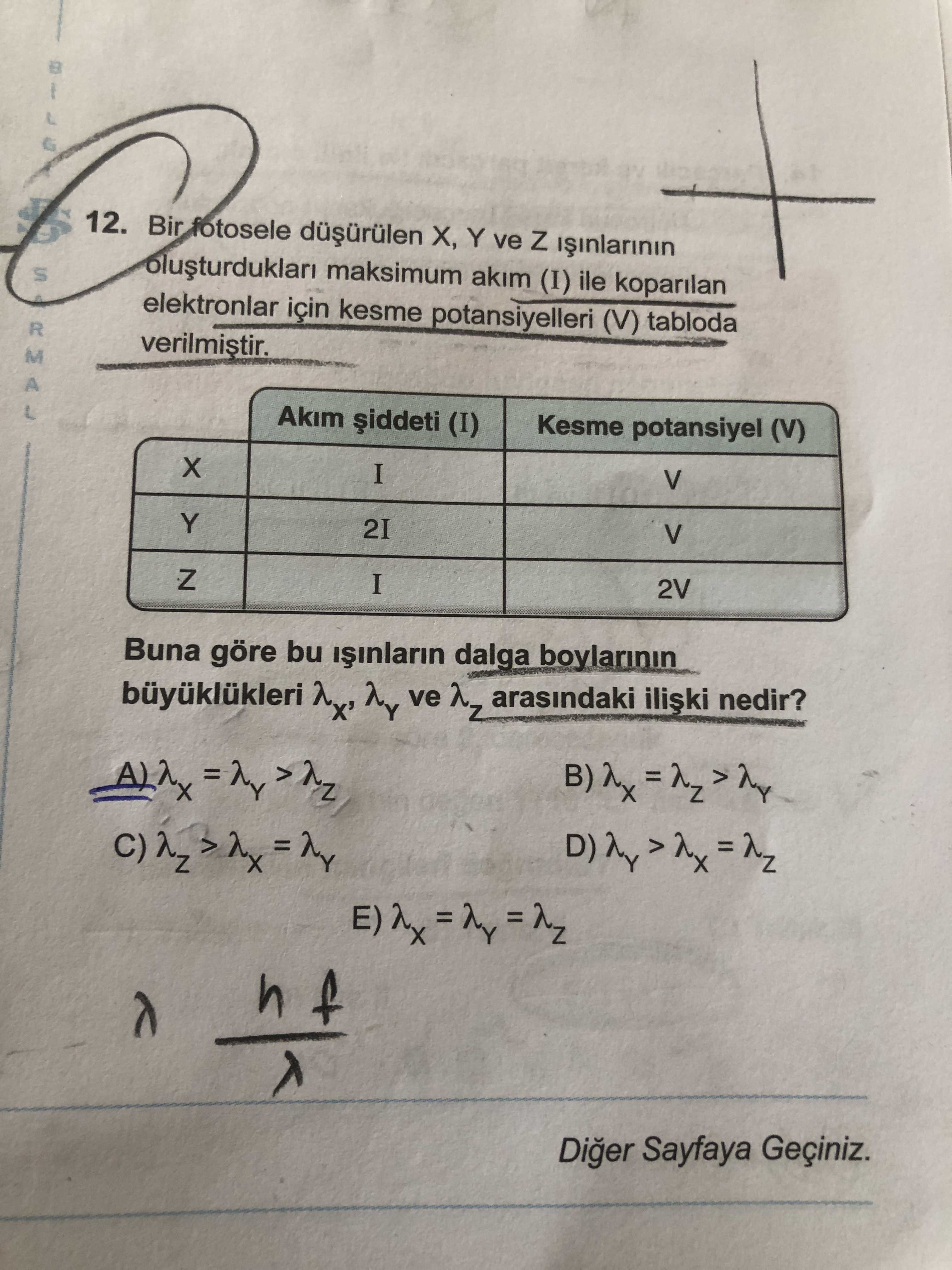 Bir fotosele düşürülen X, Y ve Z ışınlarının oluşturdukları maksimum akım (I) ile koparılan