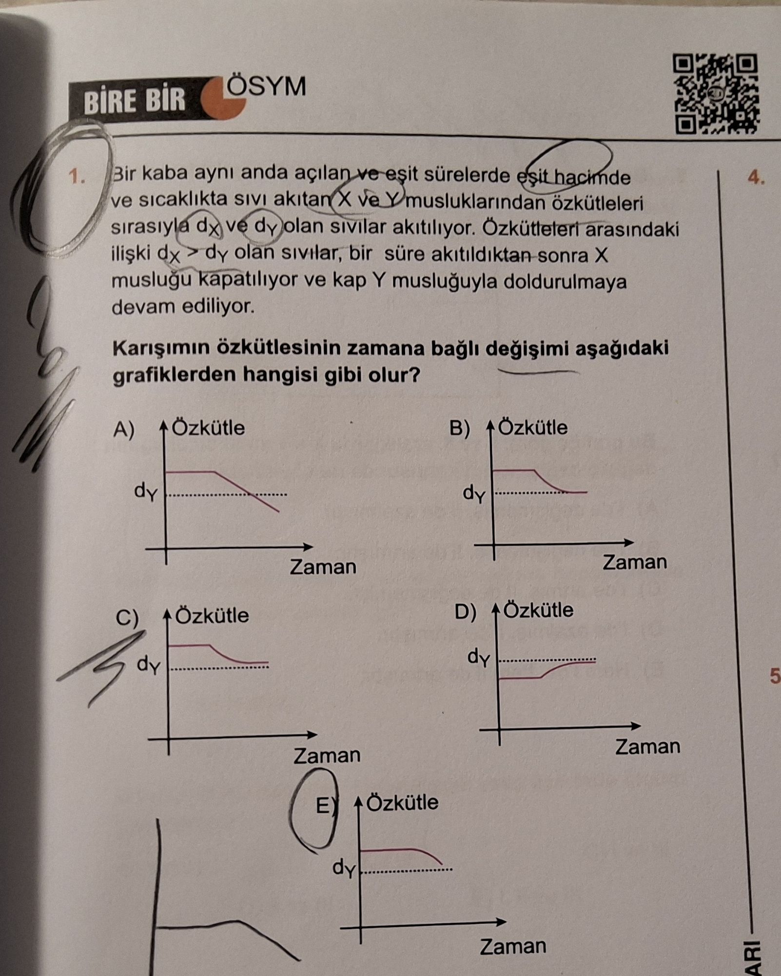 Bir kaba aynı anda açılan ve eşit sürelerde eşit hacimde ve sıcaklıkta sıvı akıtan X ve Y